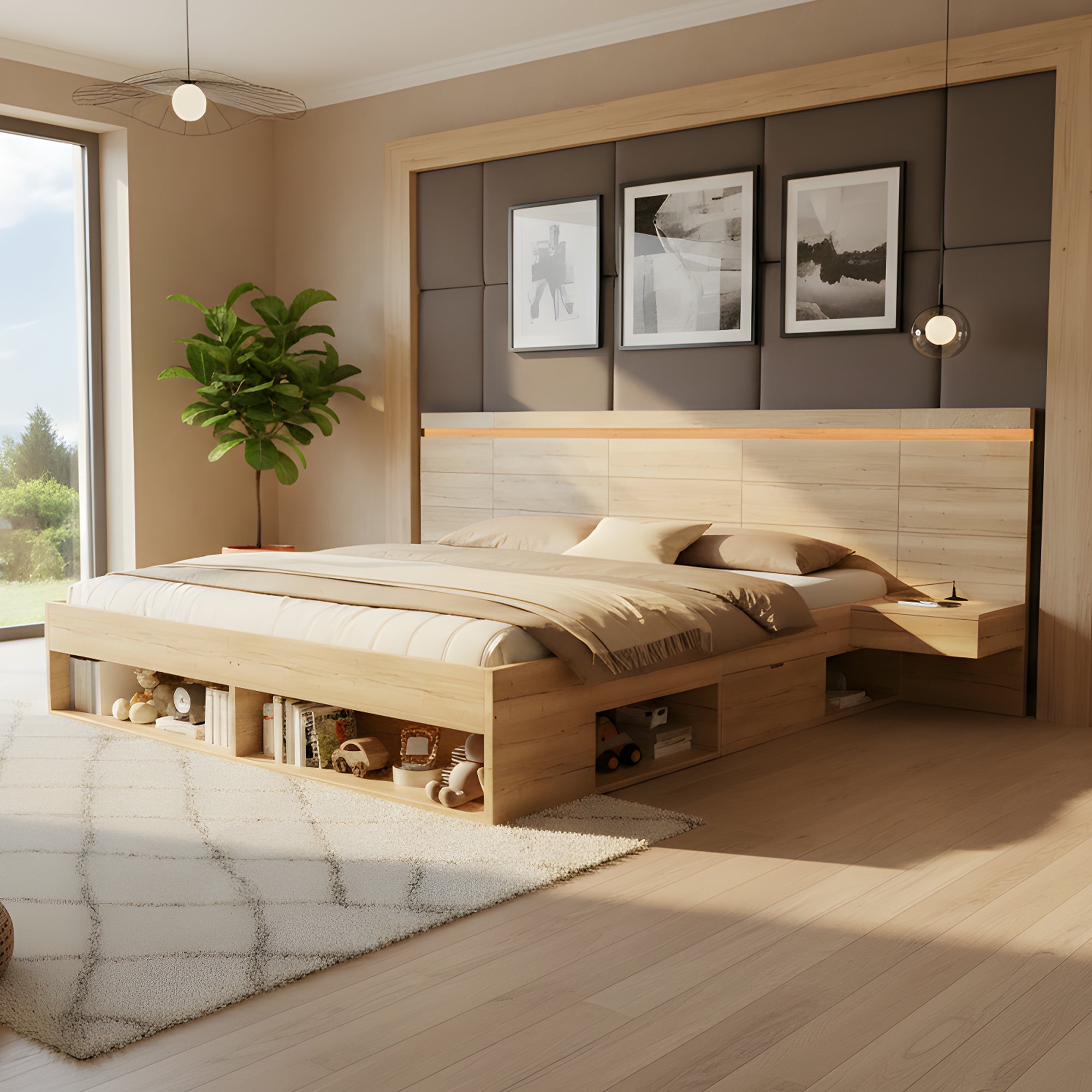 Lit coffre 180x200 structure Panneau composite de fibres de bois à densité robuste finition naturelle avec tiroirs latéraux et pied de lit pour un rangement optimal