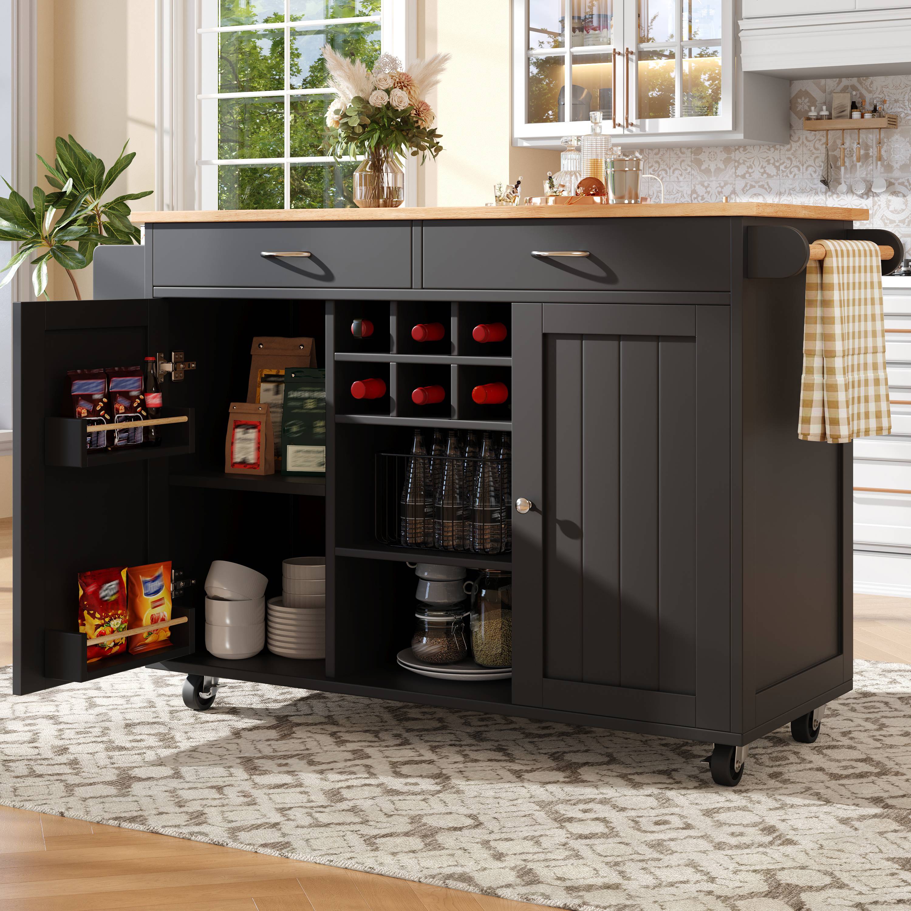 Petit îlot de cuisine noir avec rangement, sur roulettes, en Panneau composite de fibres de bois à densité et métal, étagères réglables et porte-bouteilles, 102x45x92 cm