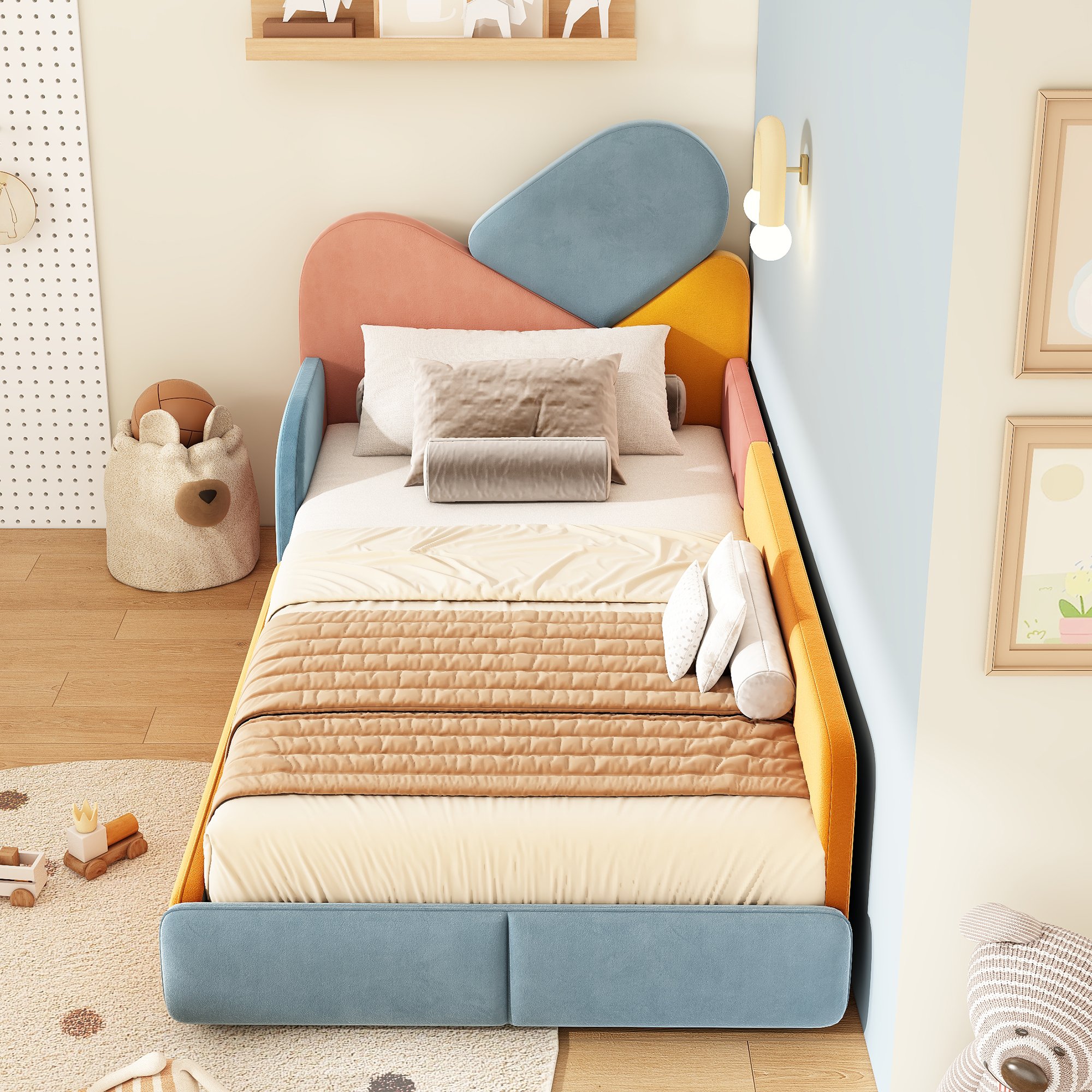 Lit enfant 90x200 cm avec protection latérale, design patchwork bleu, rose et jaune