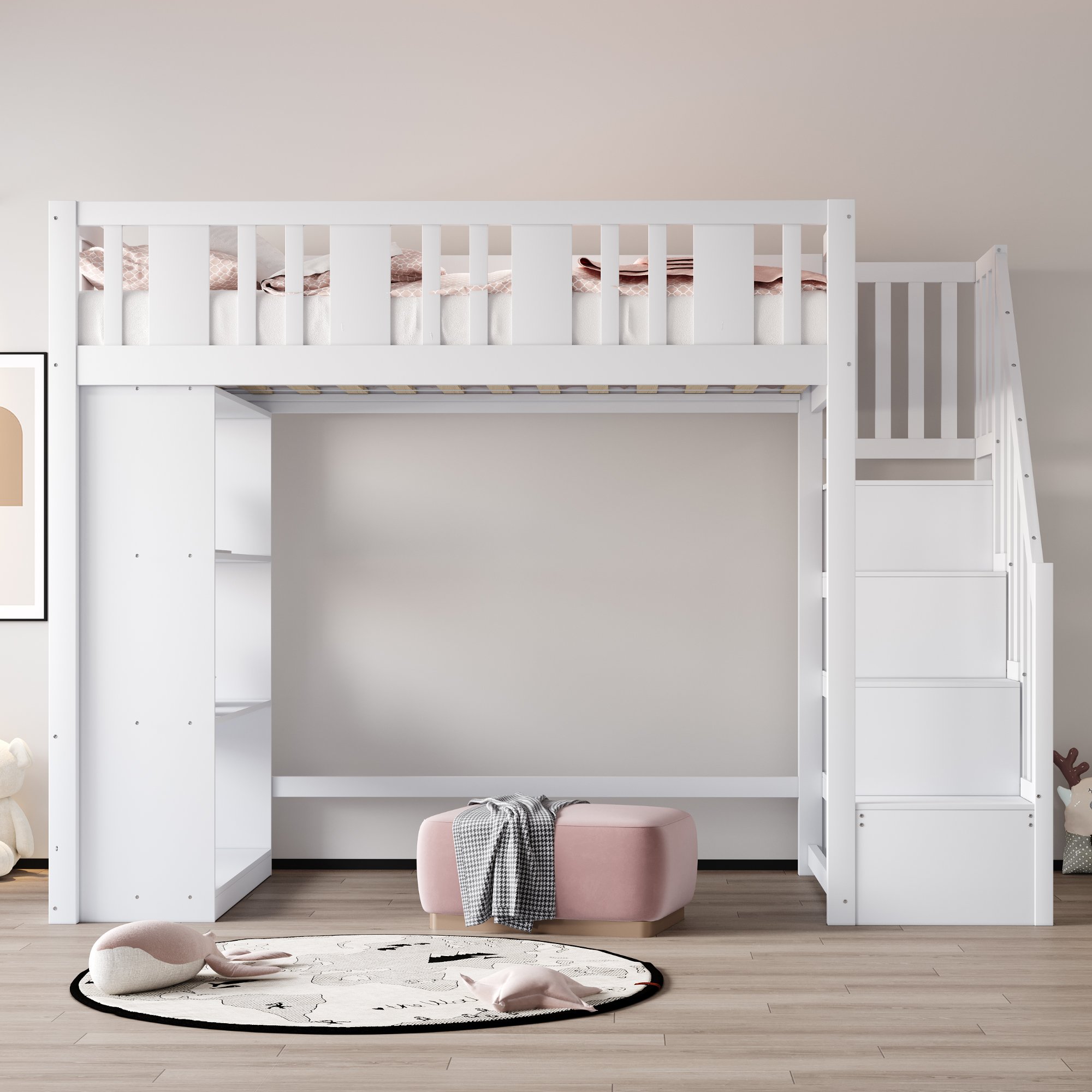 Lit mezzanine 90x200 cm pour enfant avec rangements, échelle et barrière de sécurité