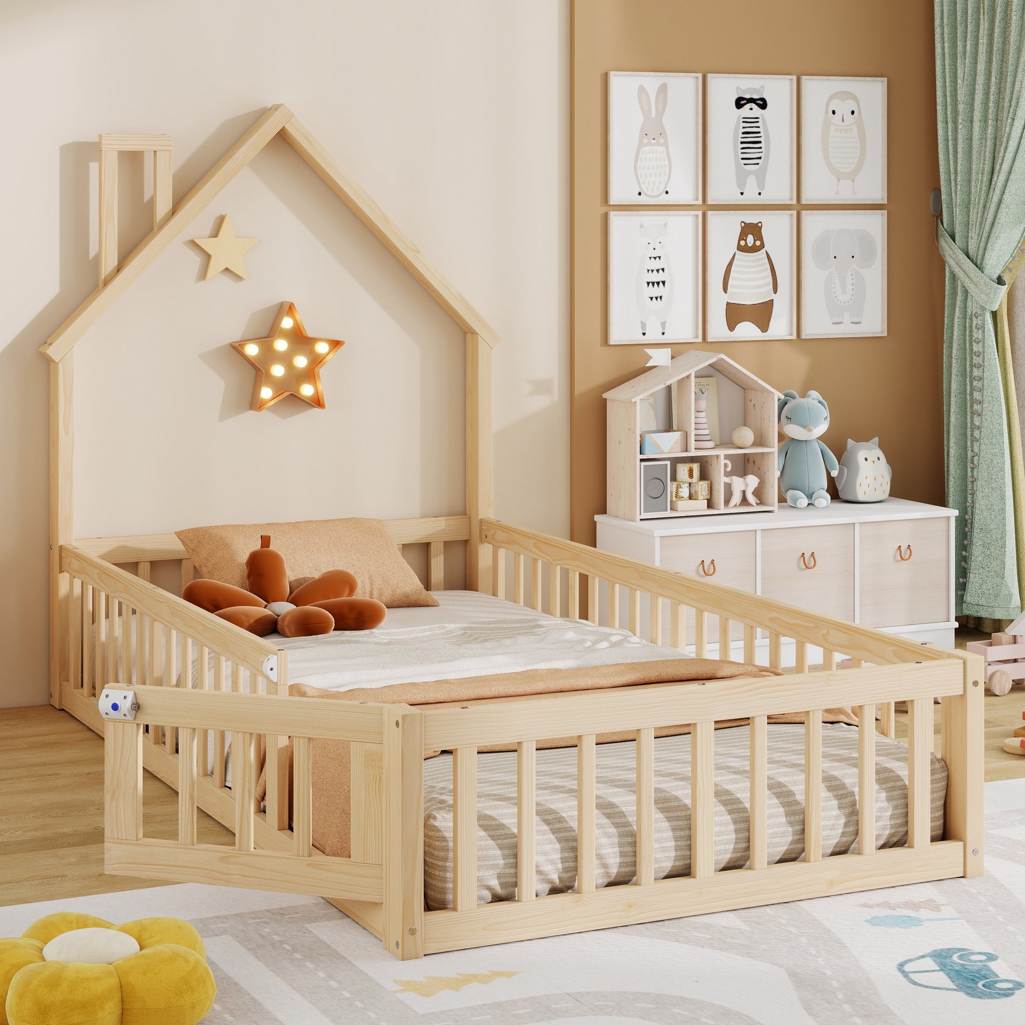 Lit cabane enfant 90x200, hauteur 147 cm, en pin naturel, avec sommier et barrière de sécurité