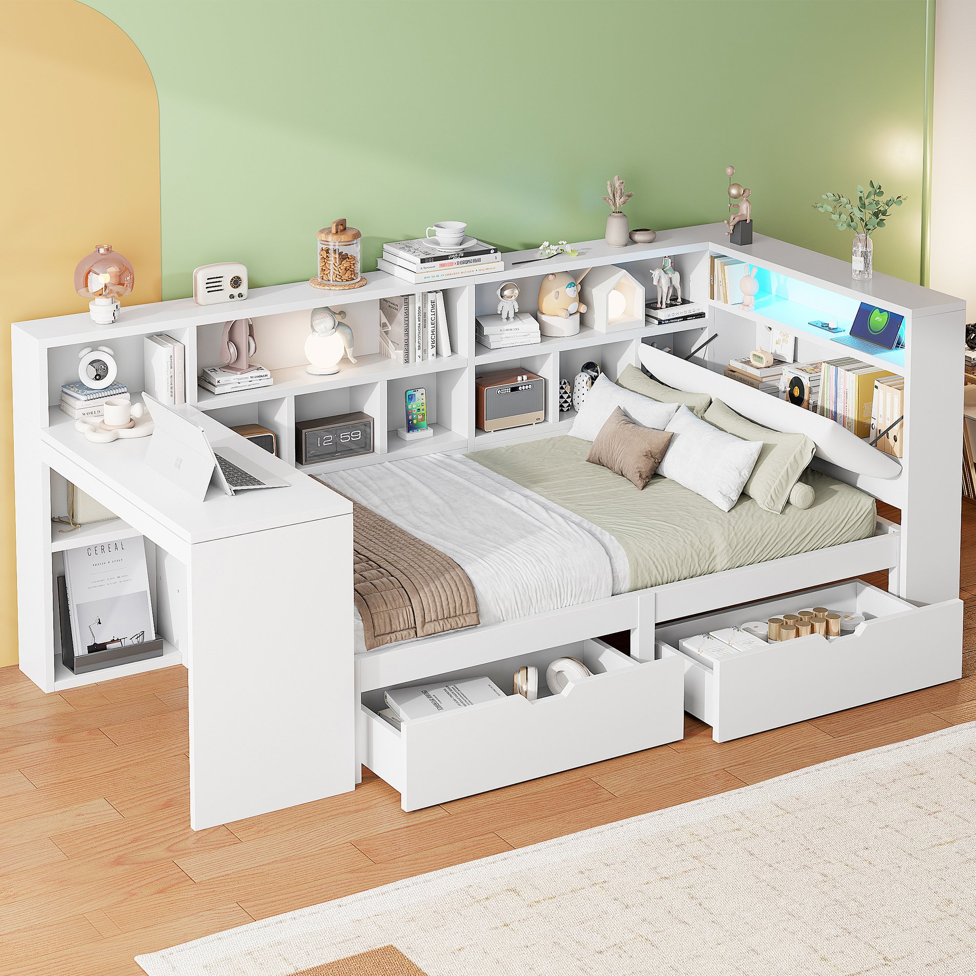 Lit mezzanine 90x200 en bois blanc avec bureau, bibliothèque et rangements, tête de lit rembourrée et LED