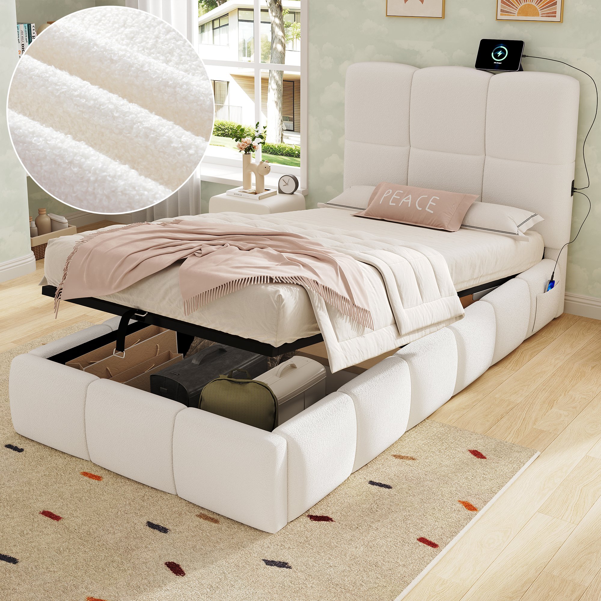 Lit coffre simple 90x200 cm avec coffre de rangement, sommier à lattes, port USB-C et dimensions totales 216,5 x 103,5 x 99 cm