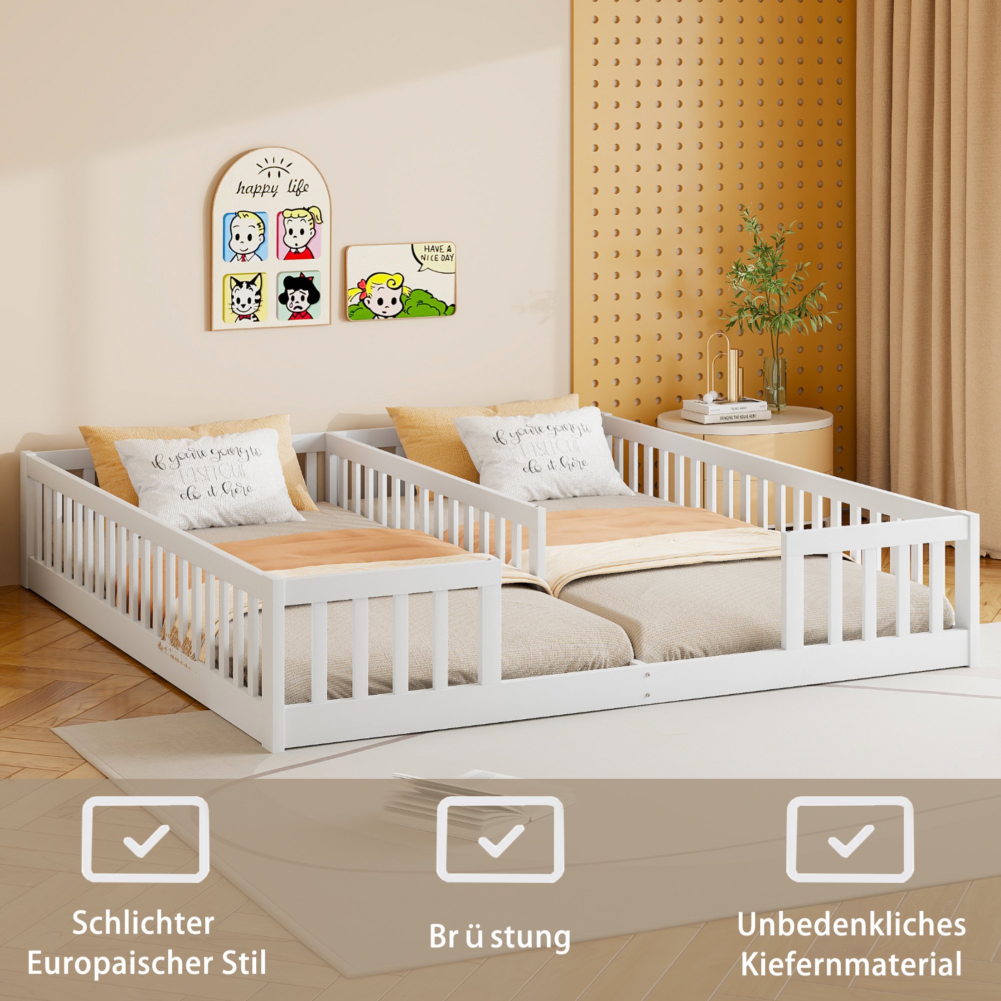 Lit enfant 90x200 pour deux enfants, avec barrière de sécurité, en pin blanc