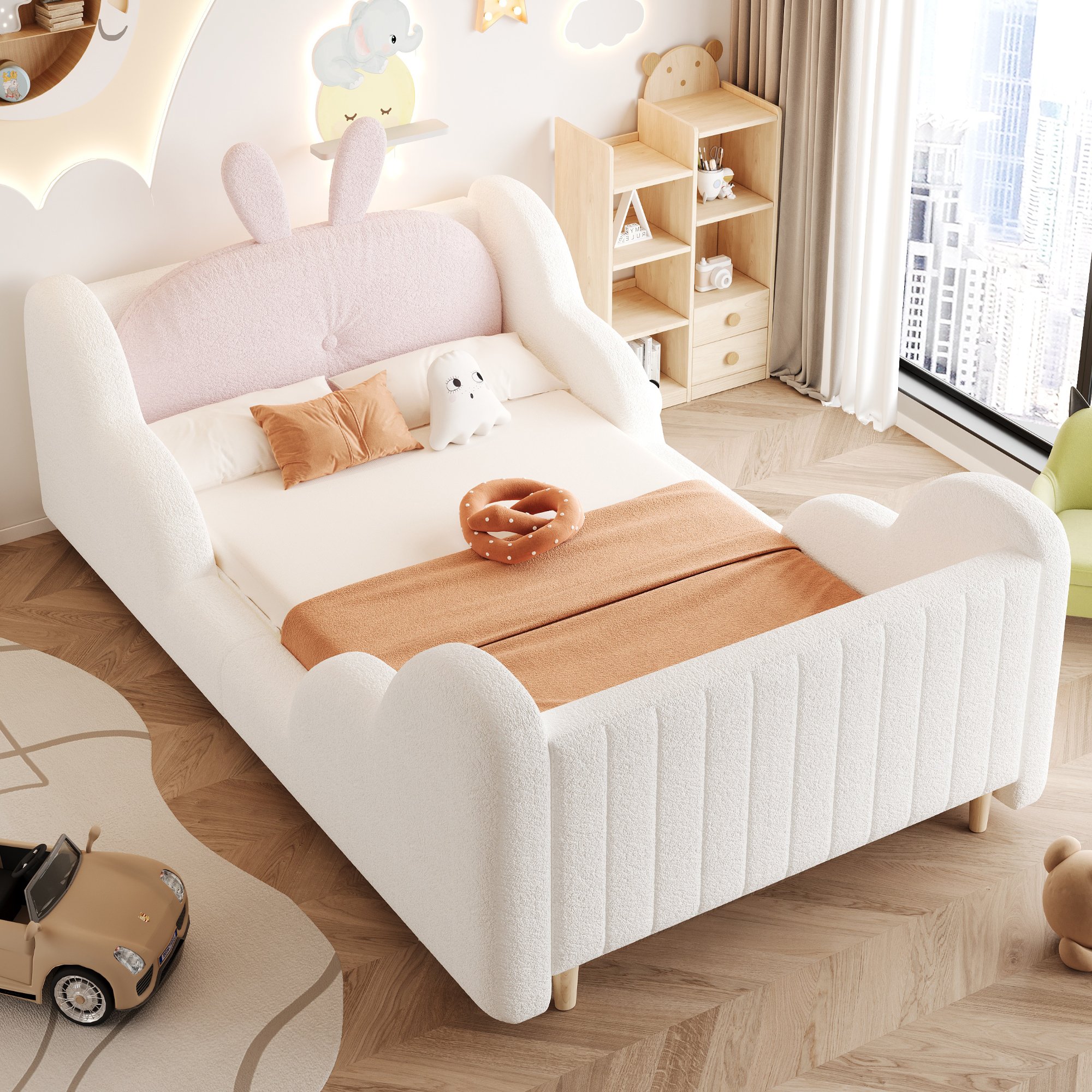 Lit enfant 90x200 avec barrières latérales nuage et coussin lapin, sécurité et confort, sans matelas