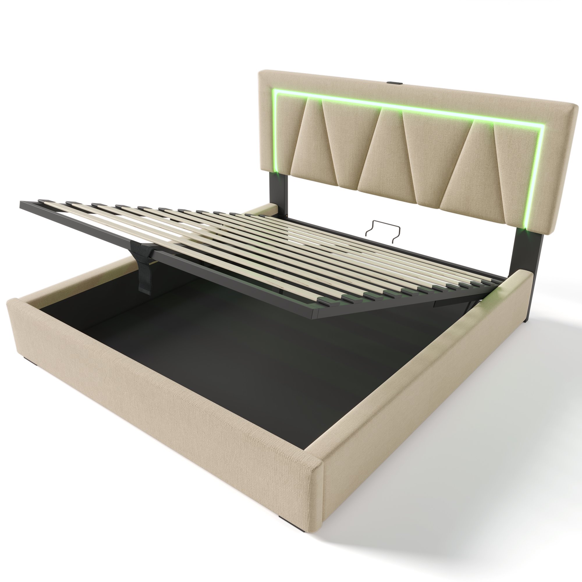 lit coffre 140x200 avec LED RGB télécommande et chargeurs USB Type-C, structure renforcée pour 360 kg, tissu beige