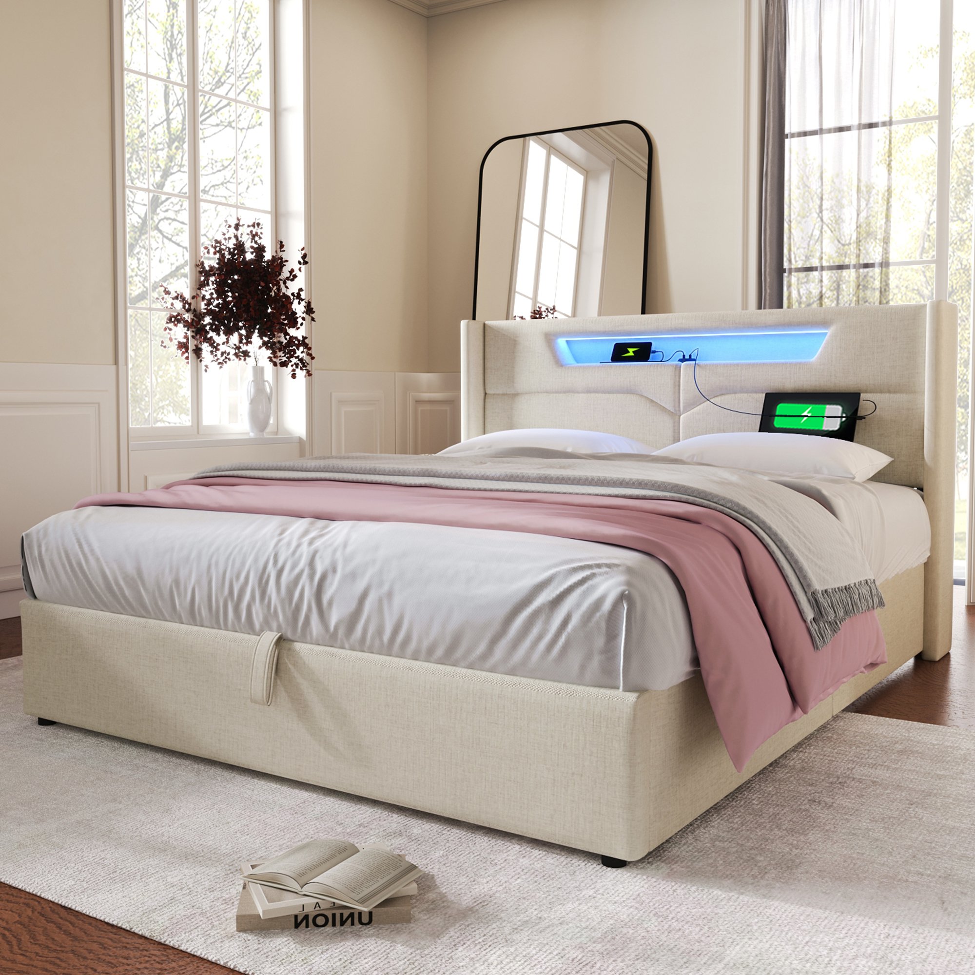 Lit coffre 140x200 avec LED et USB, lit double rembourré beige tissu lin avec sommier à lattes