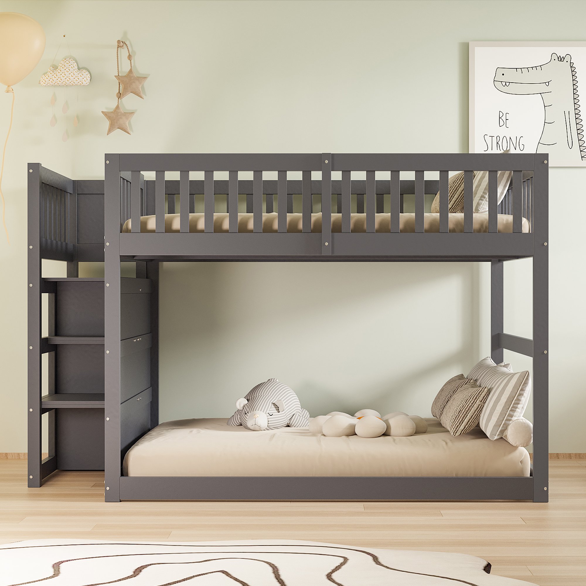 Lit superposé 140x200 cm en bois gris avec rangement et barrière de sécurité