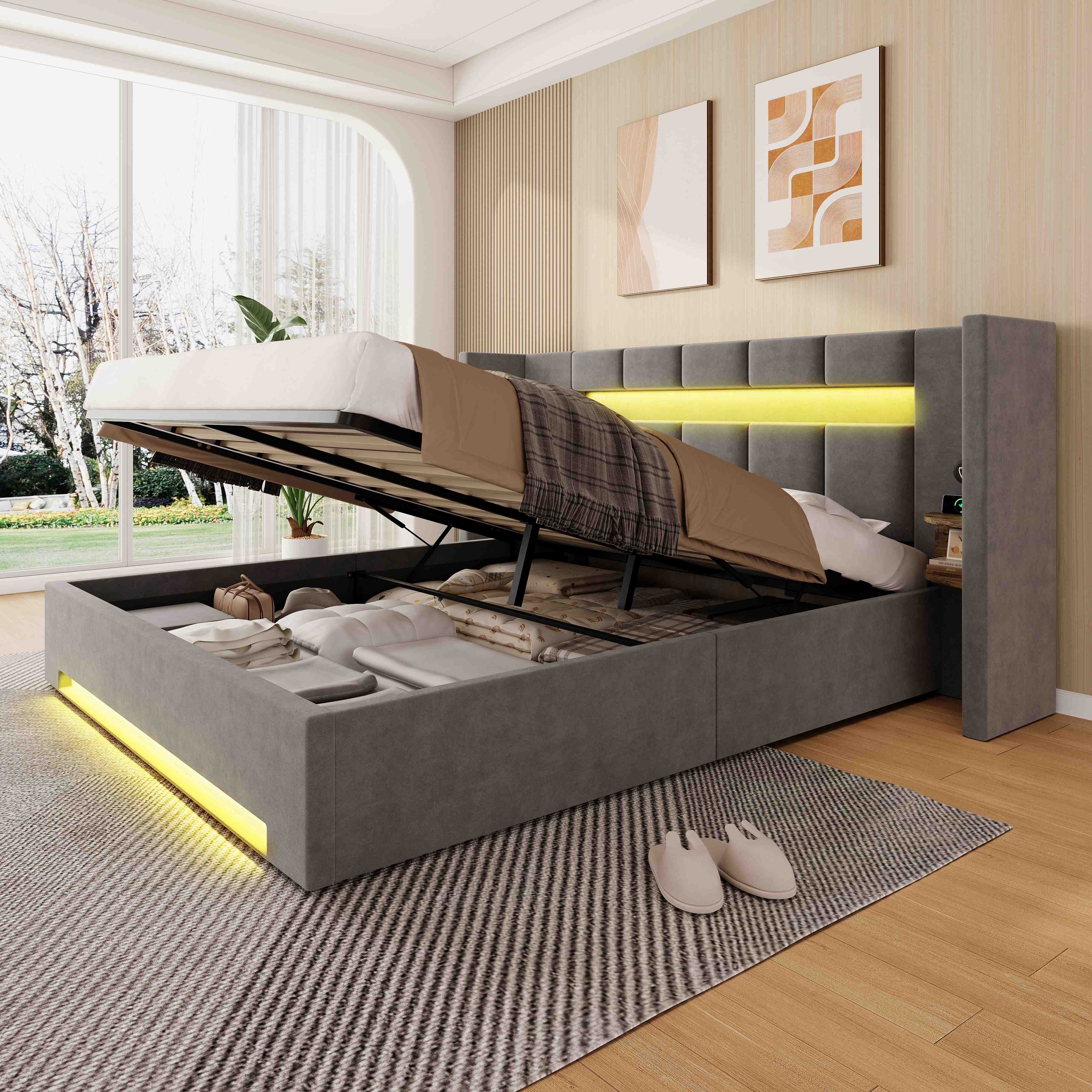 Lit coffre 160x200 en velours gris foncé avec tête de lit large, rangement hydraulique, LED et ports USB