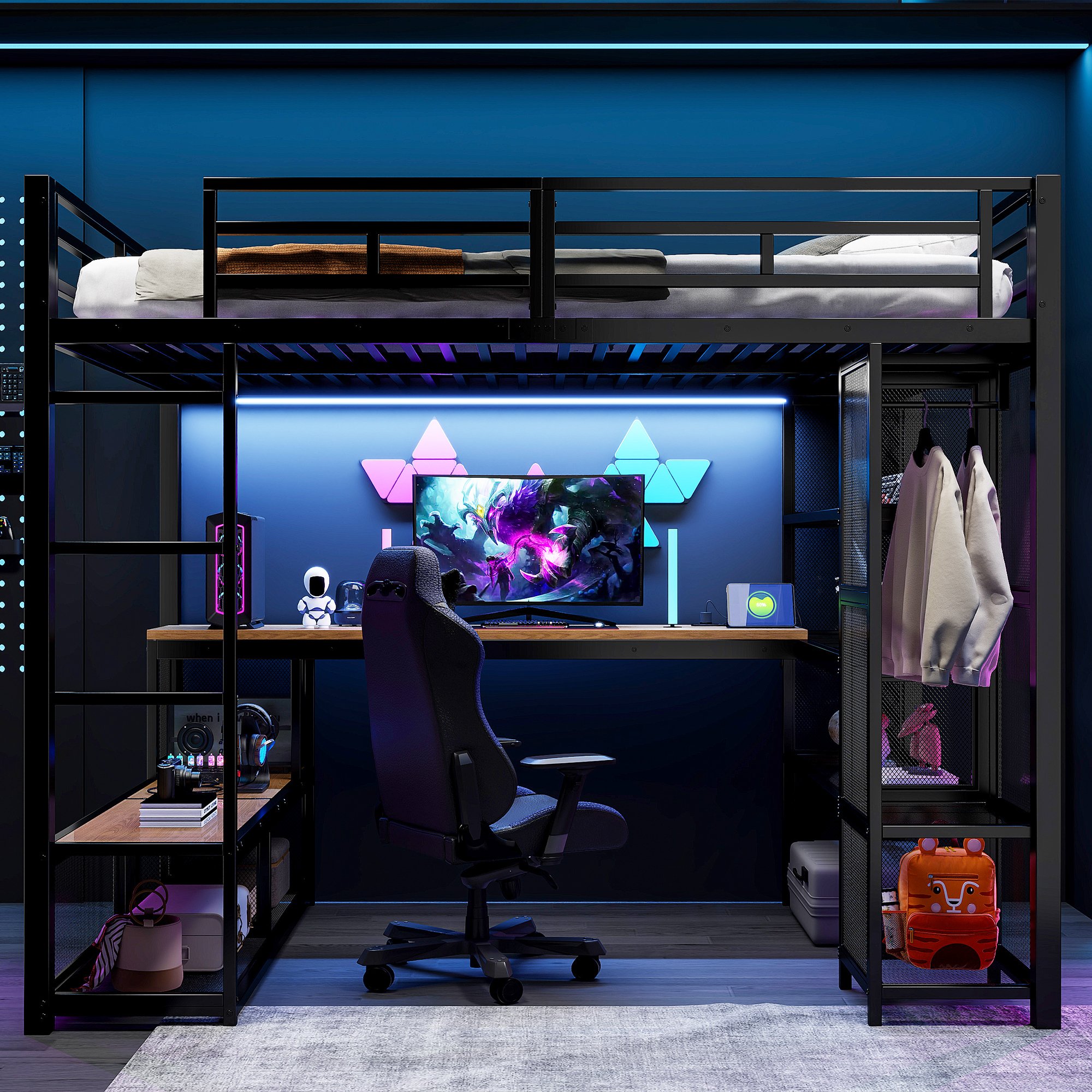 Lit mezzanine 140x200 cm avec bureau, rangements et LED, structure métallique
