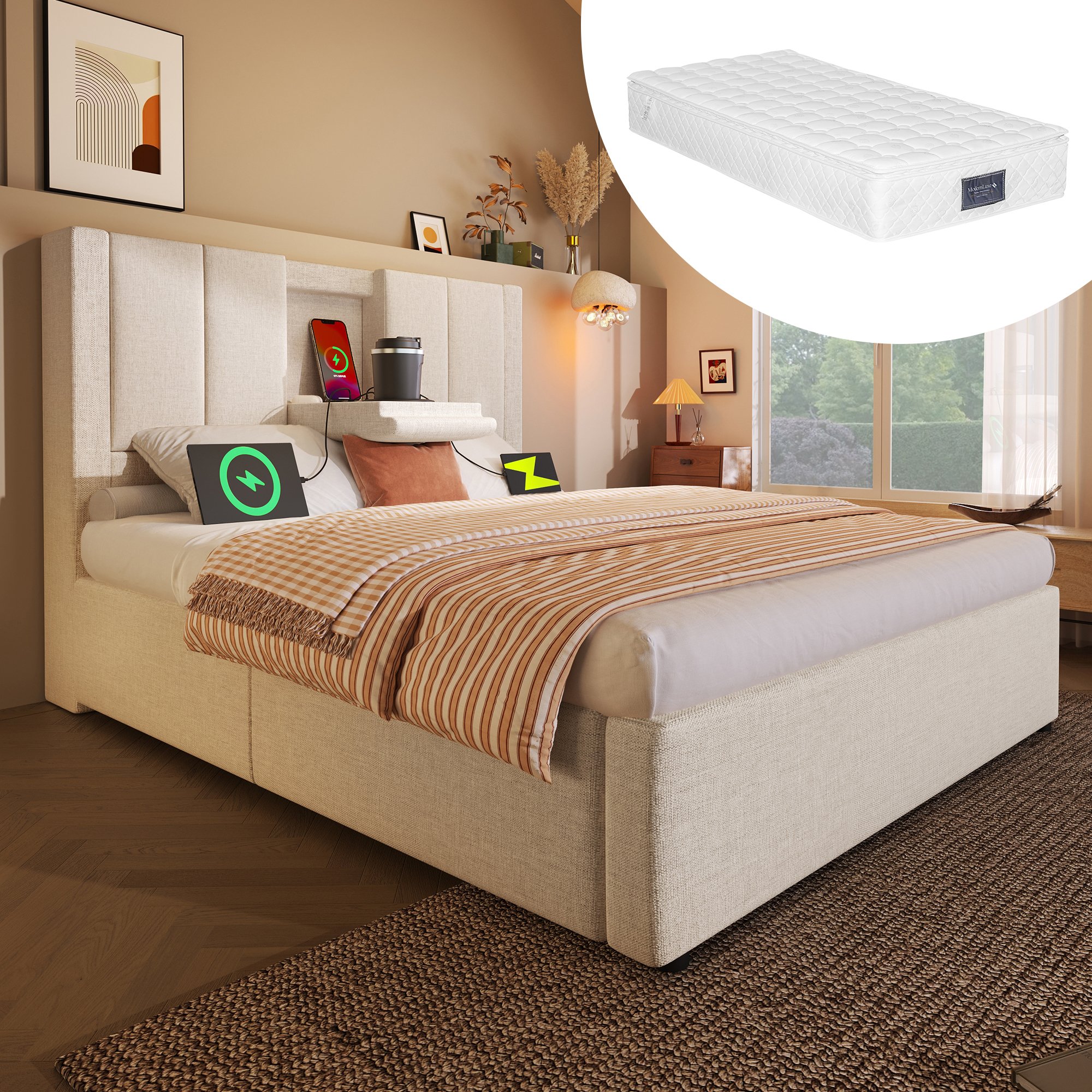 lit coffre 90x200 avec station de charge USB et Type-C, porte-gobelet caché, rangement hydraulique sous le lit beige en lin