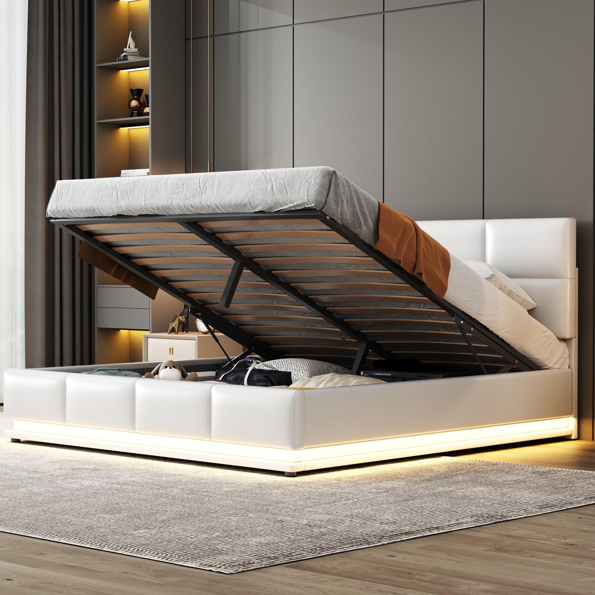 Lit coffre 160x200 blanc avec LED, sommier à lattes et rangement hydraulique, tête de lit rembourrée