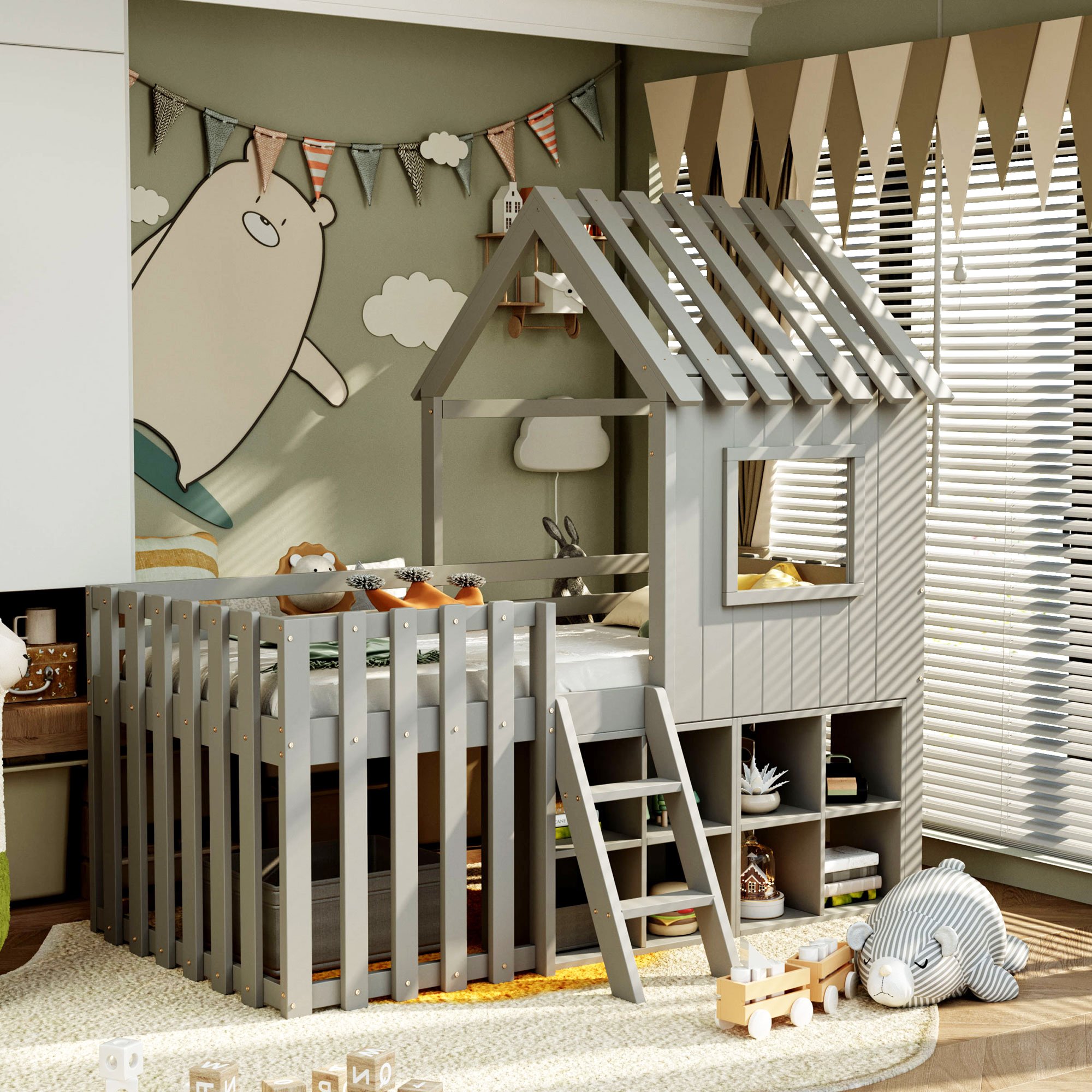 Lit cabane enfant en bois massif avec rangement et échelle, 90x200, gris