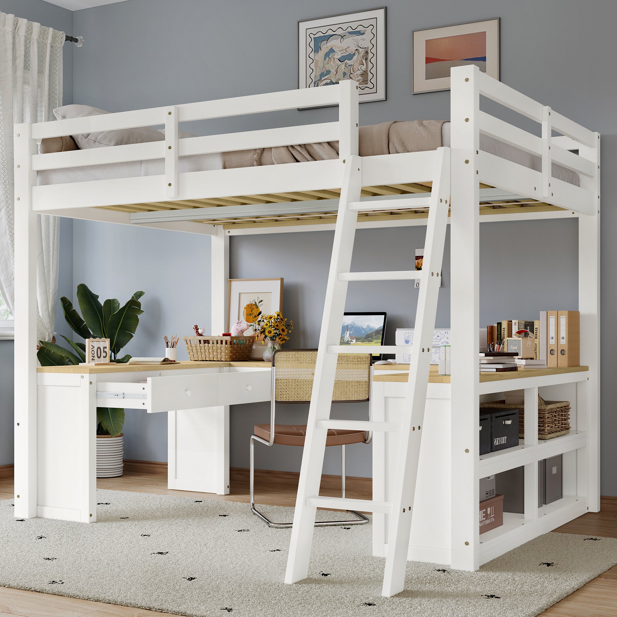 Lit mezzanine 140x200 avec bureau et rangements, échelle inclinée, pin blanc et naturel