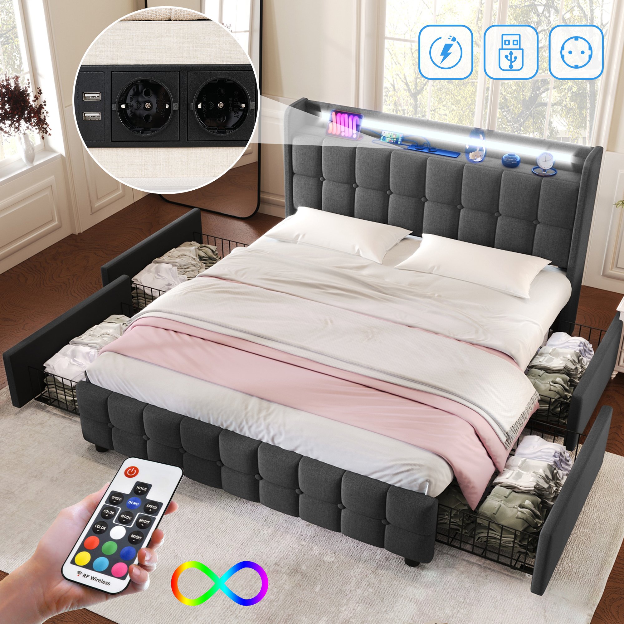 Lit coffre capitonné 140x200 avec matelas ressorts ensachés, LED, USB, 4 tiroirs
