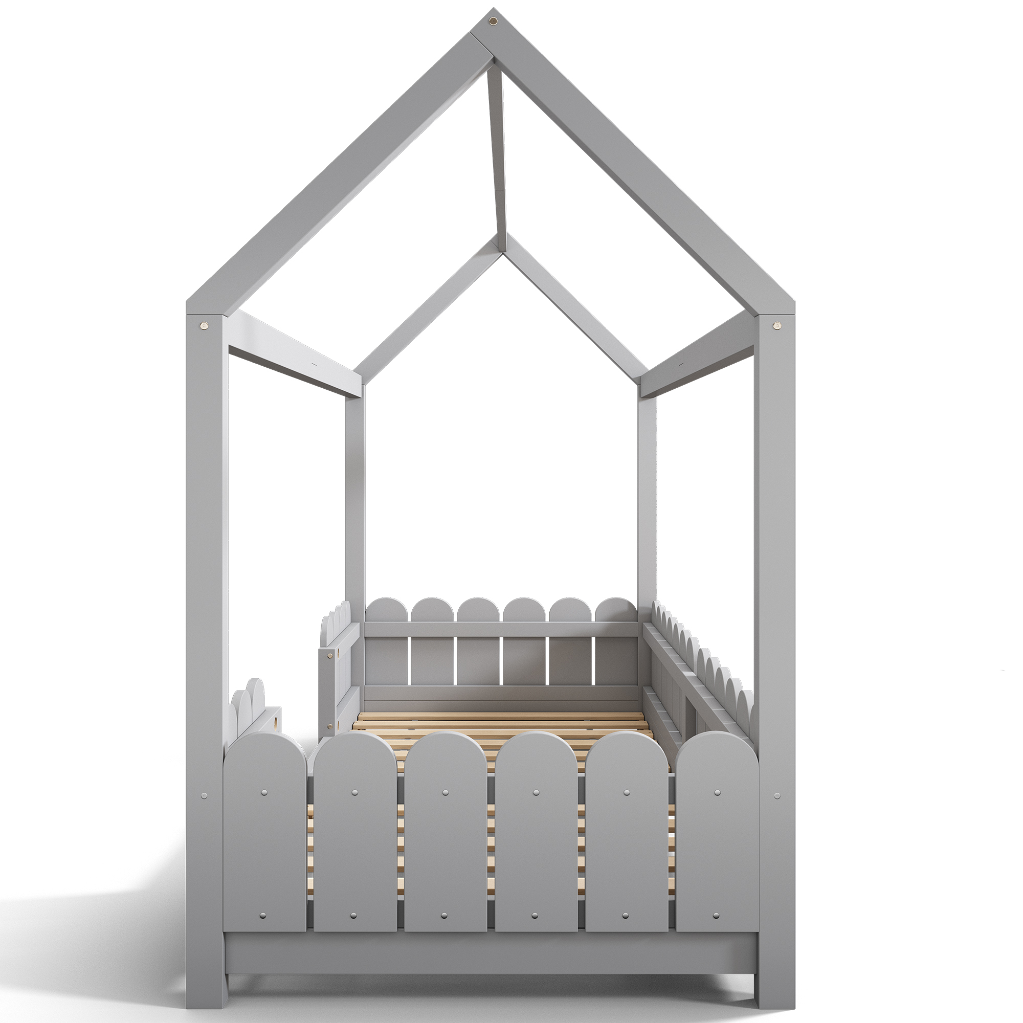 lit cabane enfant 90x200 gris en pin massif et Panneau composite de fibres de bois à densité, cadre de lit maison avec toit et clôture, sommier à lattes rigide