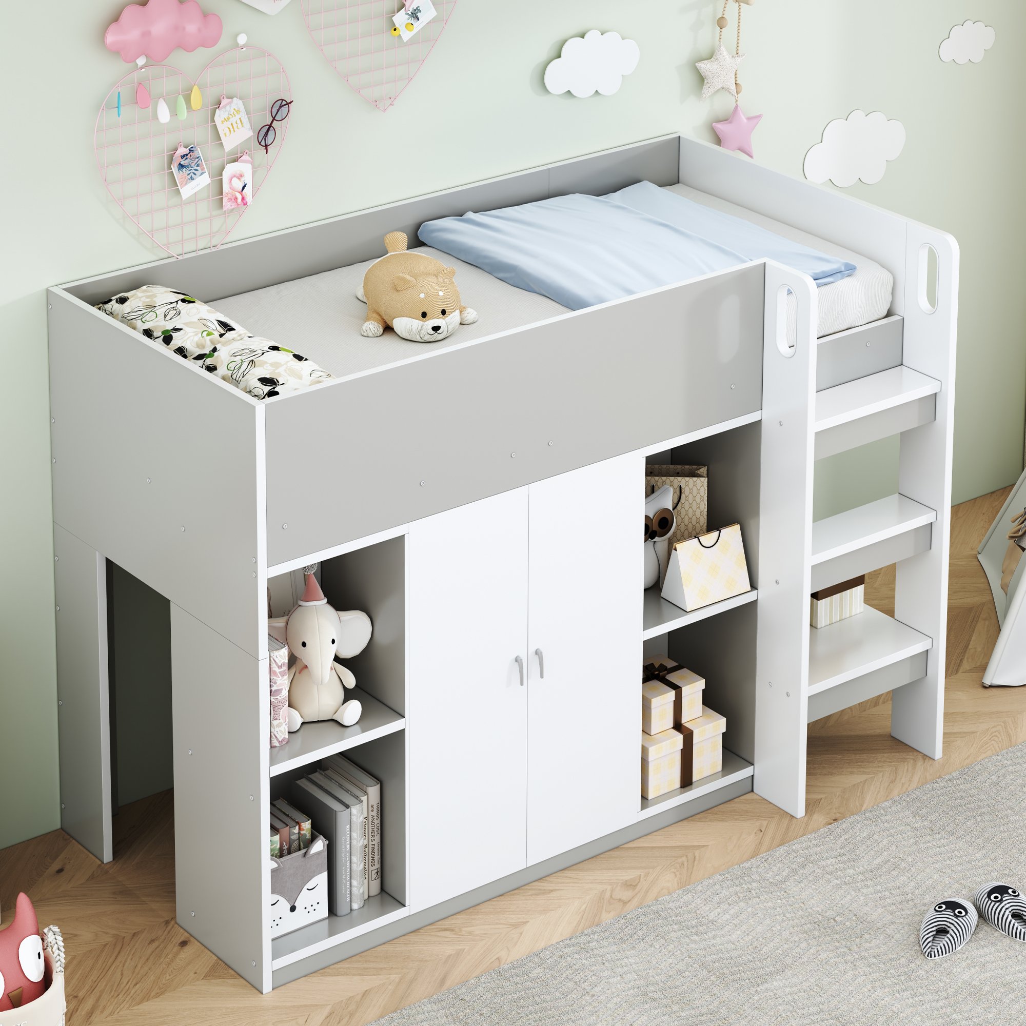 Lit mezzanine 90x200 avec rangement et armoire, échelle intégrée, gris, bois massif