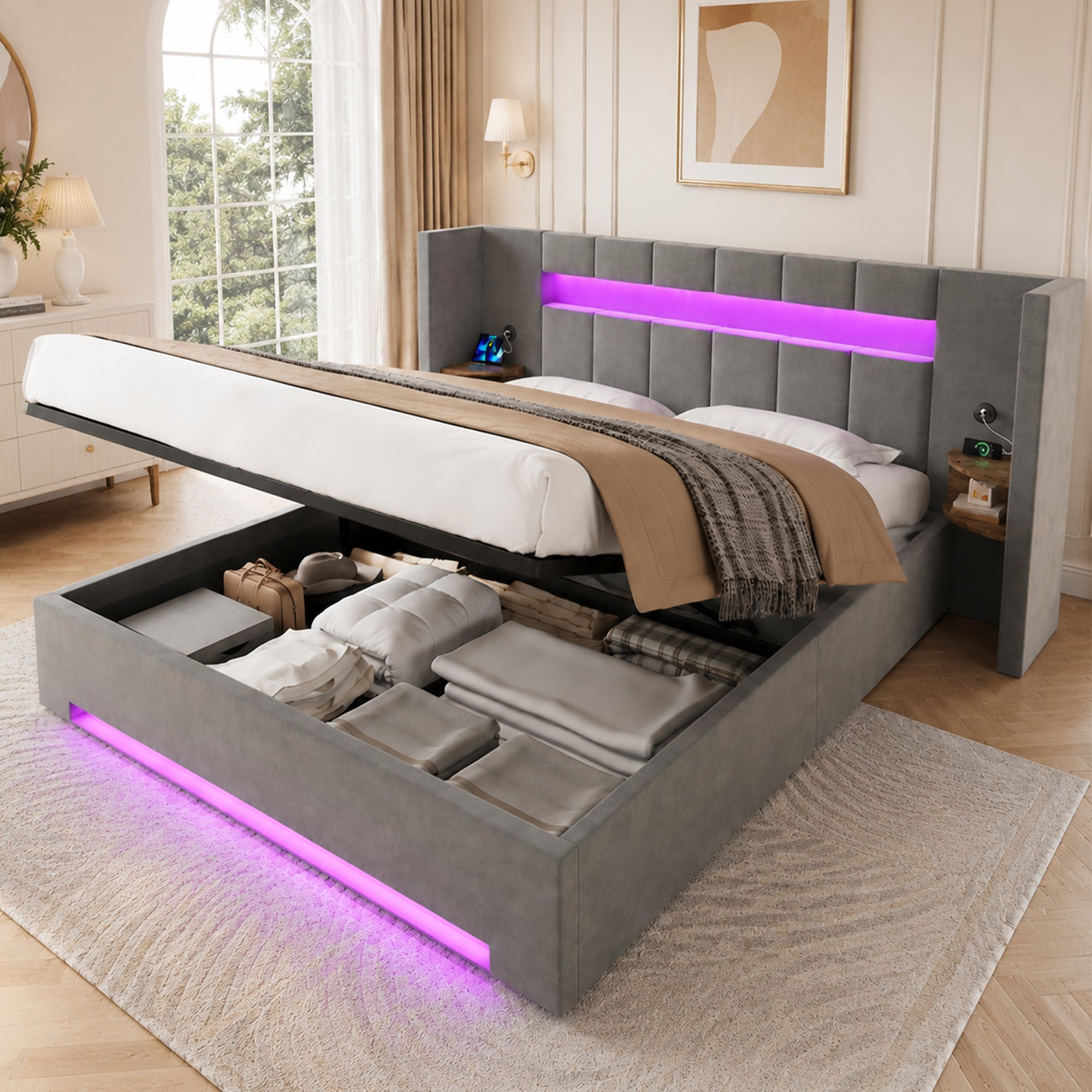 Lit coffre 160x200 en velours gris foncé avec tête de lit large, rangement hydraulique, LED et ports USB