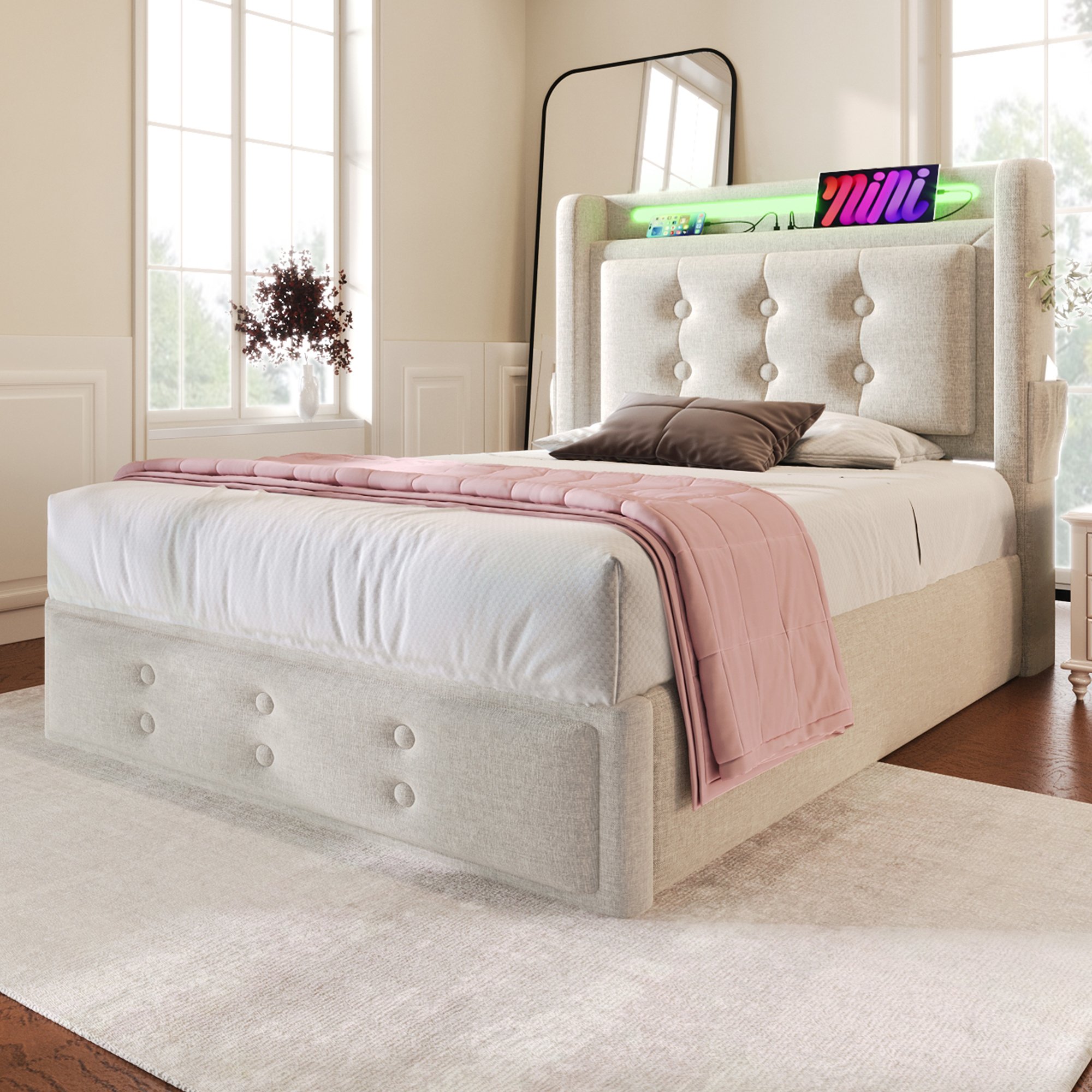 lit coffre 90x200 structure métal bois revêtement coton lin beige, tête de lit capitonnée avec fonction LED intégrée