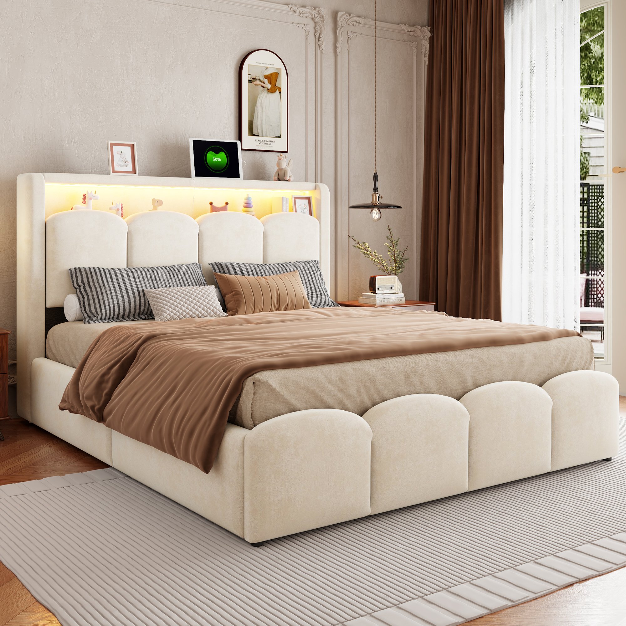 Lit coffre 140x200 en velours beige, structure métallique et Panneau composite de fibres de bois à densité, avec sommier à lattes et rangement