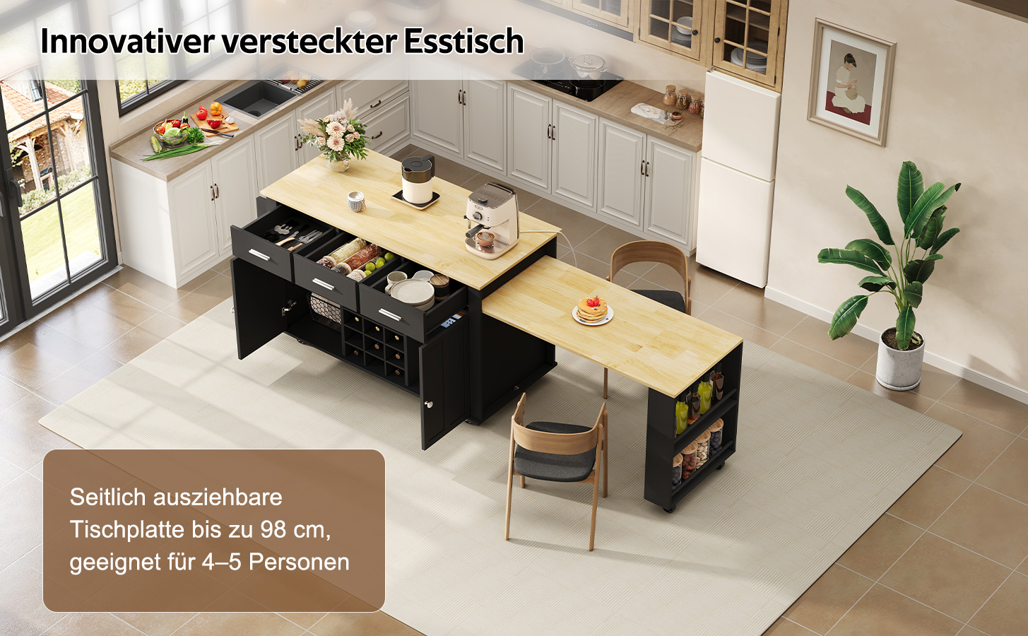 Îlot de cuisine 136(223)x50x93 cm avec plan de travail extensible, rangement, 3 tiroirs, prises, noir et bois, pour 2 personnes