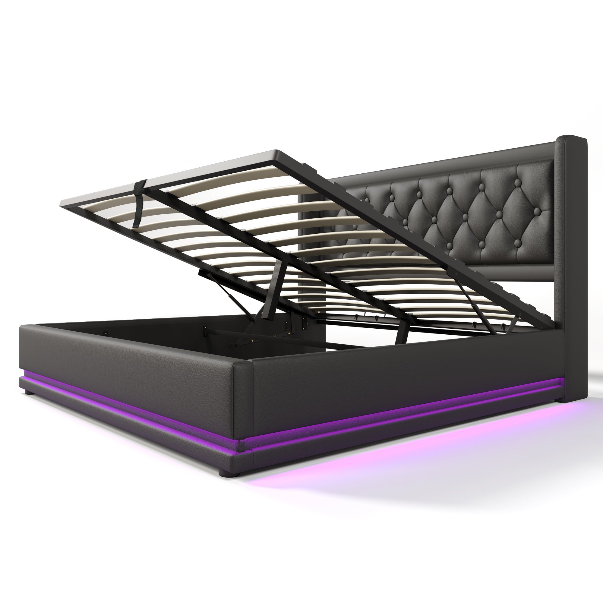 Lit coffre 160x200 cm noir avec espace de stockage sous le matelas et cadre robuste pour usage quotidien