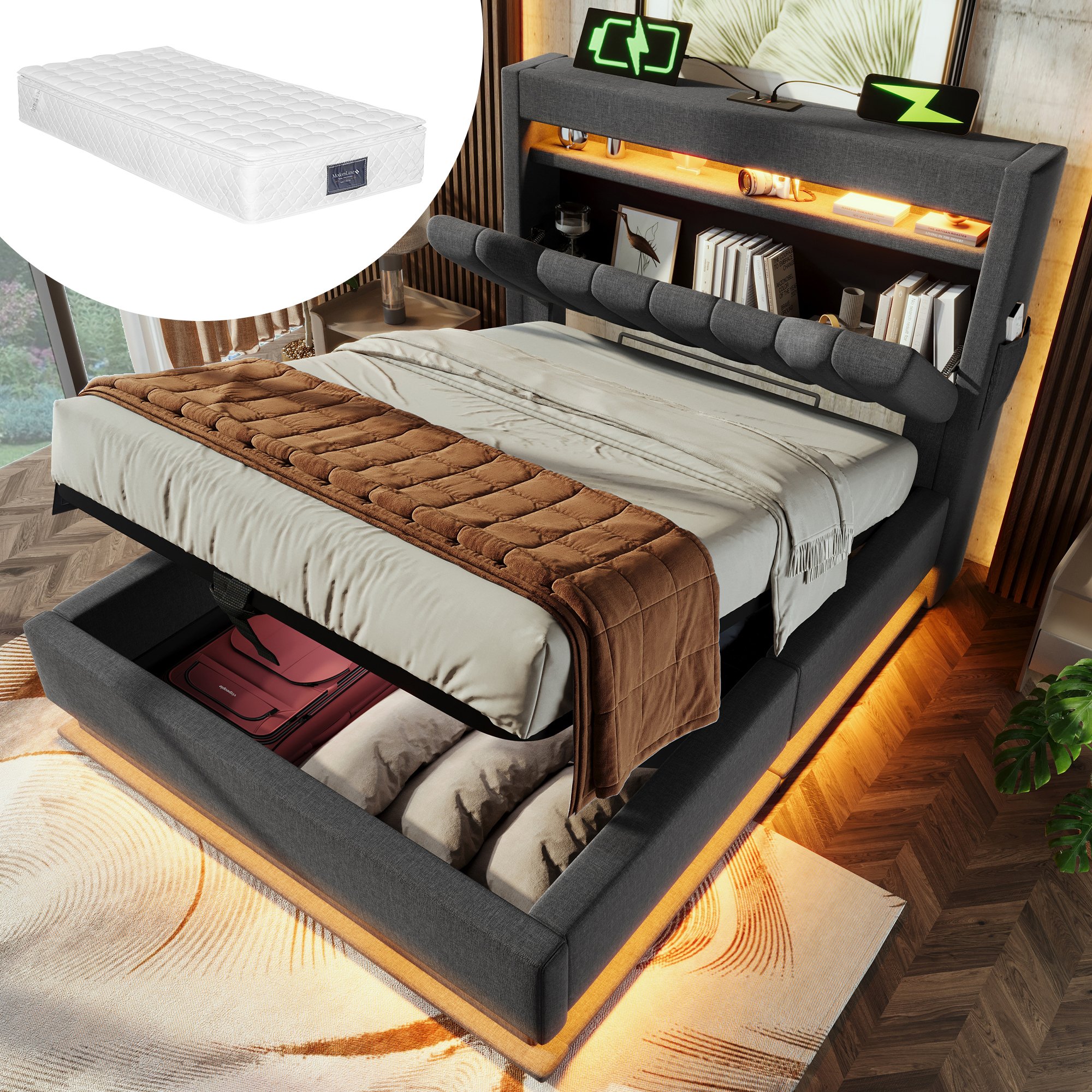 lit coffre 90x200 gris avec matelas, LED et USB Type-C, rangement hydraulique, tête de lit rembourrée tissu lin