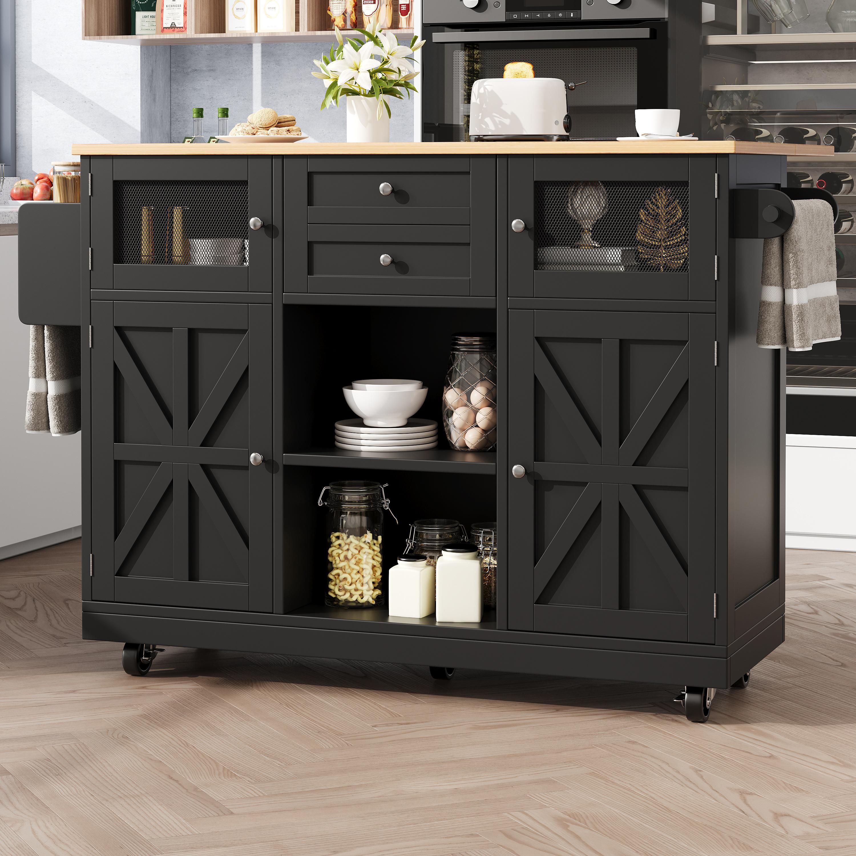 Îlot de cuisine noir avec plan de travail en bois, rangements, porte-serviettes, roulettes, extensible 140 cm