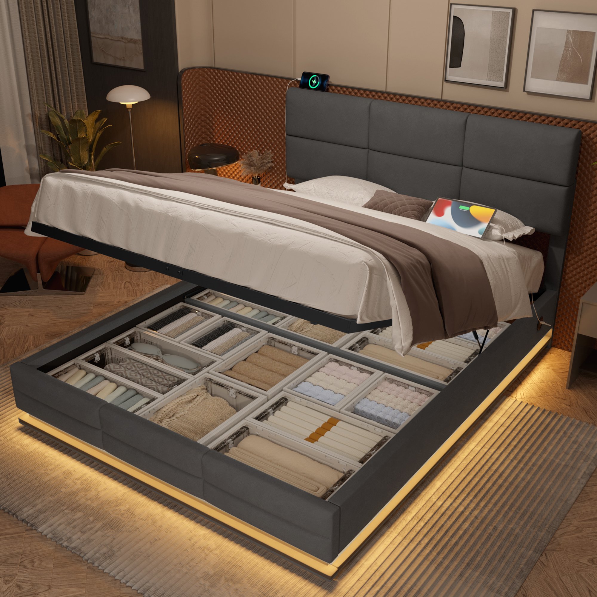 Lit coffre 180x200 en velours gris avec tête réglable, LED, USB et rangement hydraulique