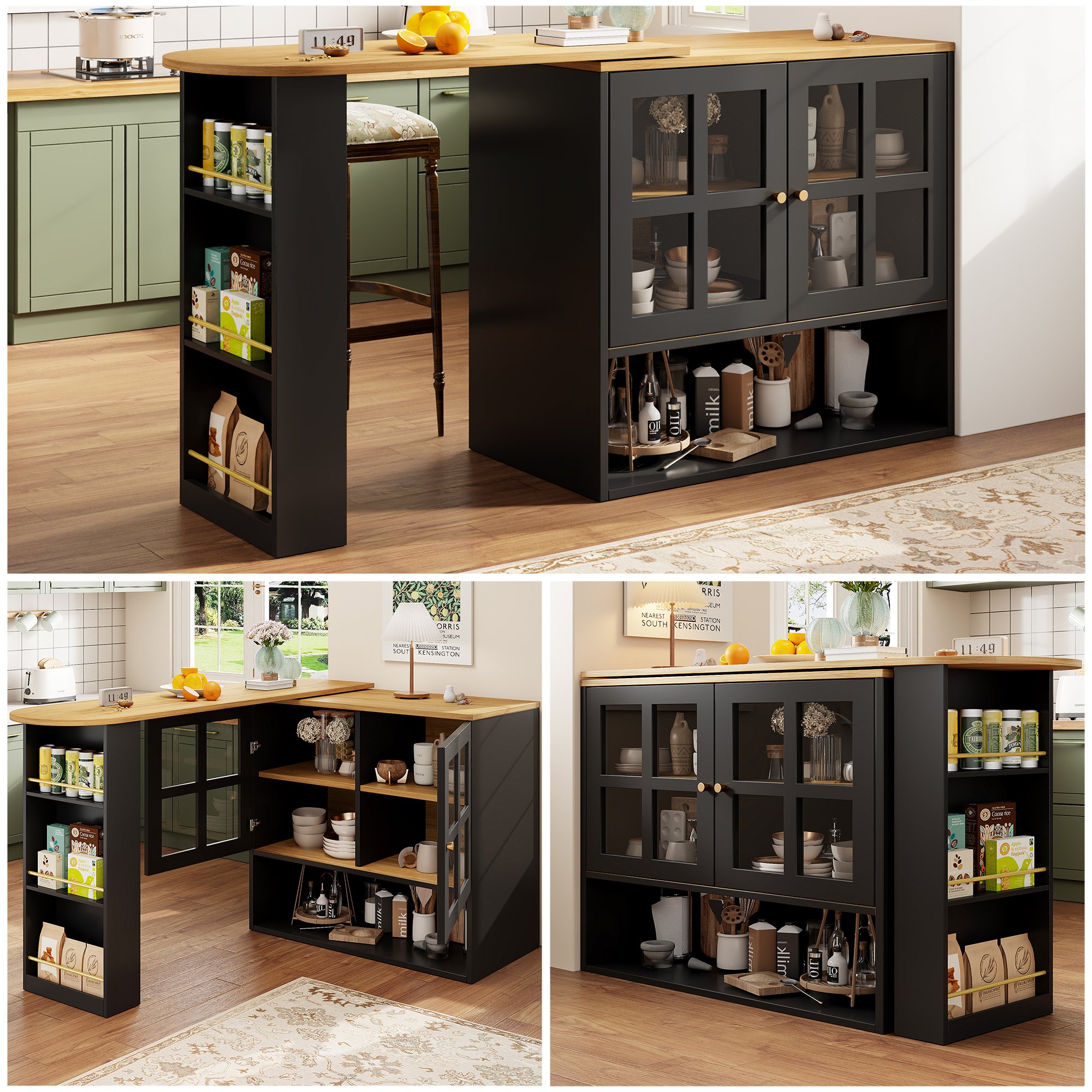 Îlot de cuisine rotatif 360° avec rangement et étagères, extensible de 138 à 204 cm, noir, Panneau composite de fibres de bois à densité et verre trempé