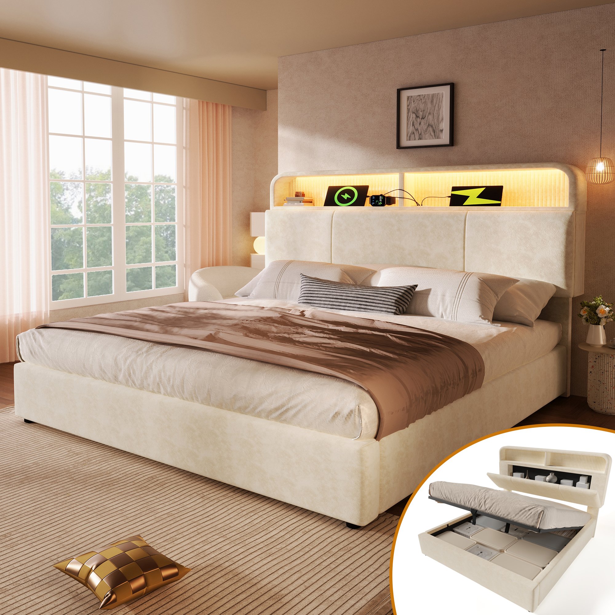 lit coffre 180x200 velours beige moderne avec LED, USB Type-C, rangement tête de lit et sommier à lattes
