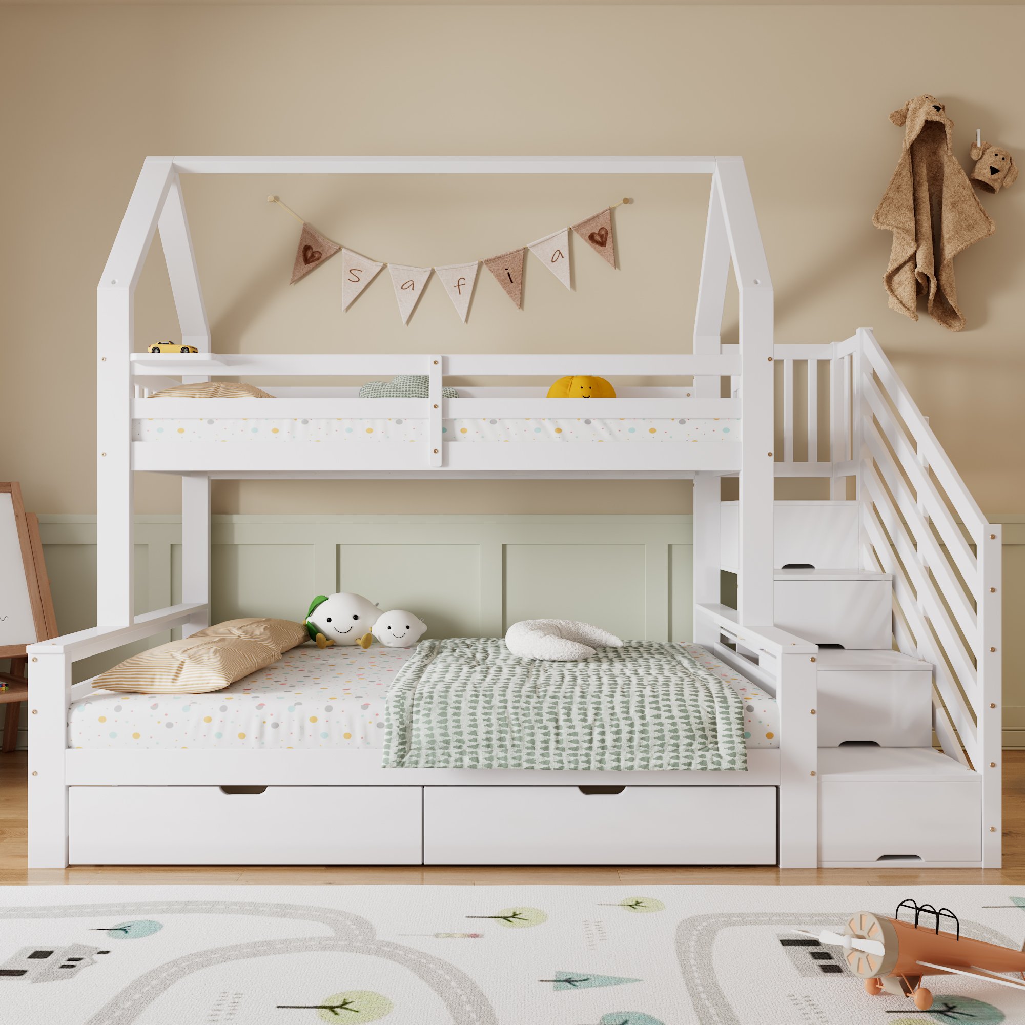 Lit superposé enfant avec rangement et tiroirs, design toit, 90x200 et 140x200