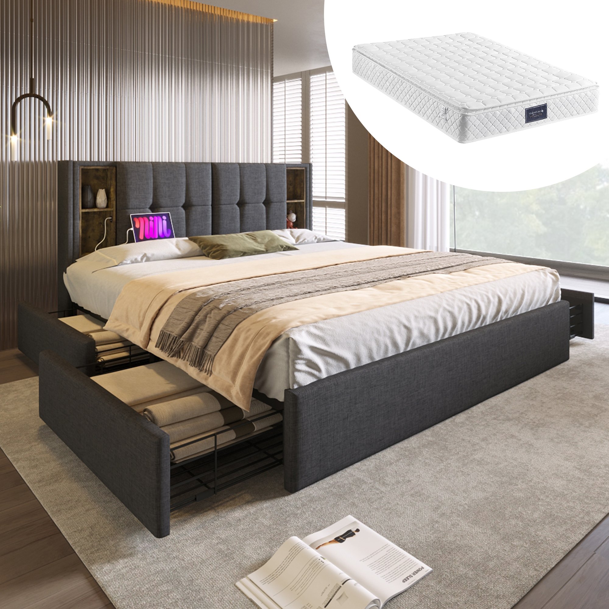 Lit coffre 160x200 avec sommier et matelas, gris, tissu lin, 4 tiroirs, chargeur sans fil USB