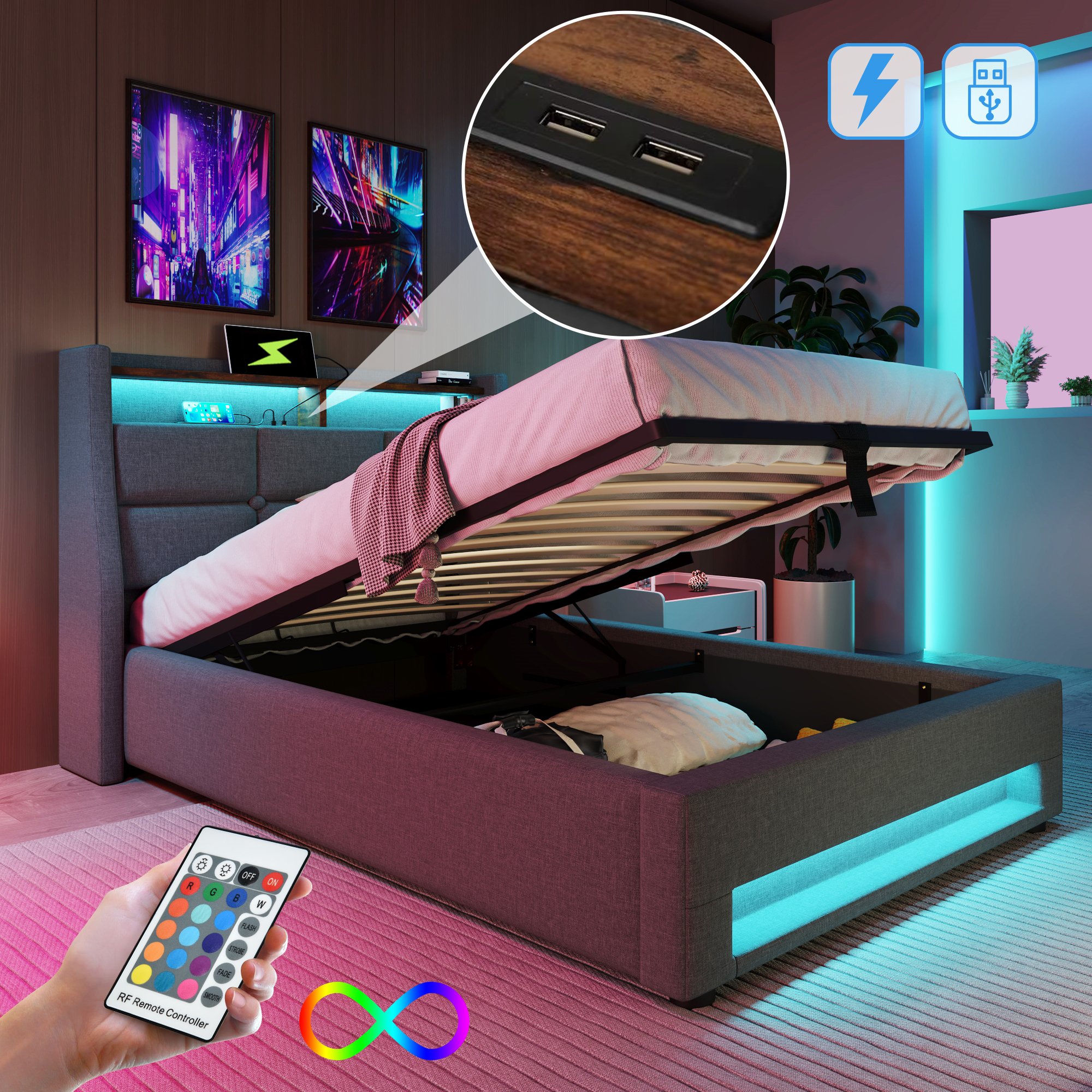 Lit LED 90x200 avec sommier à lattes, cadre de lit rembourré gris en tissu lin, ports USB intégrés et rangement sous le couchage