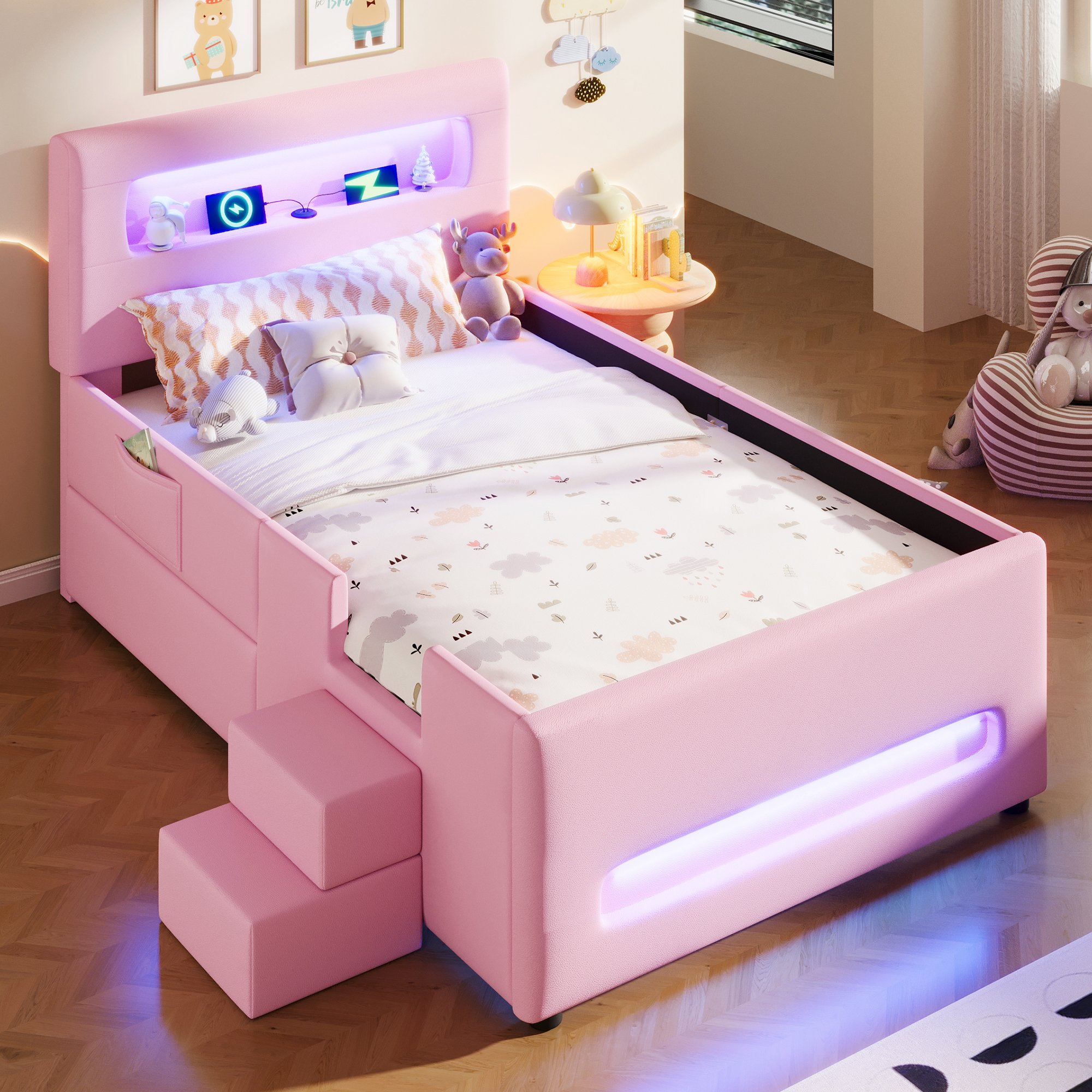 Lit coffre 90x200 rose avec rangement, LED, USB et échelle pour enfant