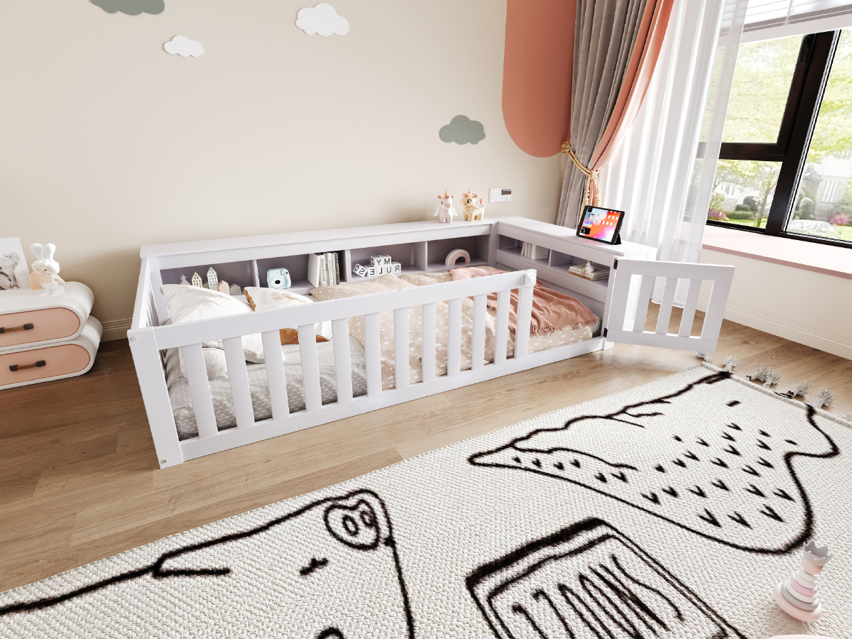 Lit enfant avec rangement, 90x200, en bois massif blanc, barrière de sécurité et sommier à lattes