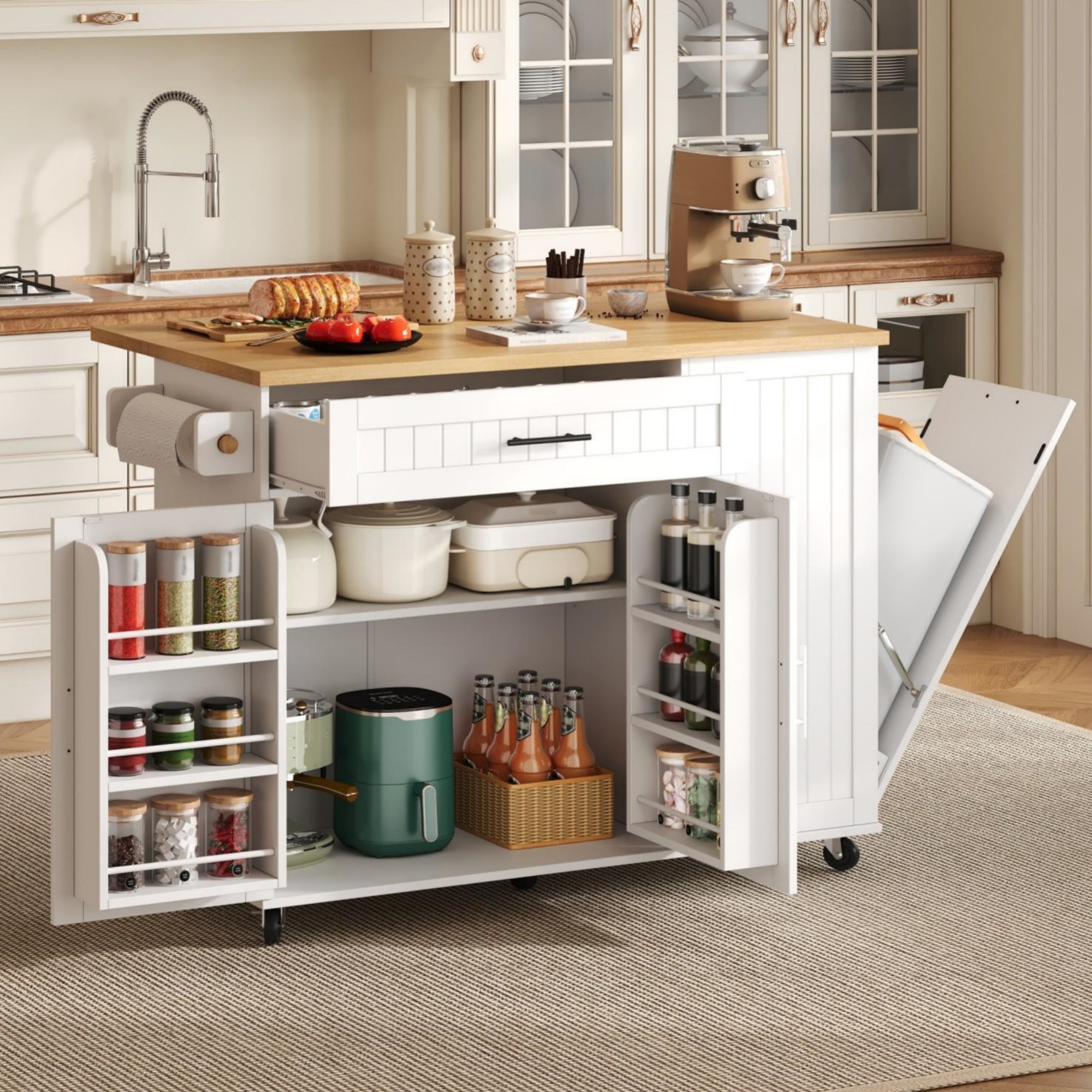 Îlot de cuisine mobile avec plan de travail extensible, rangement intérieur et poubelle cachée, roues freinables 130 cm