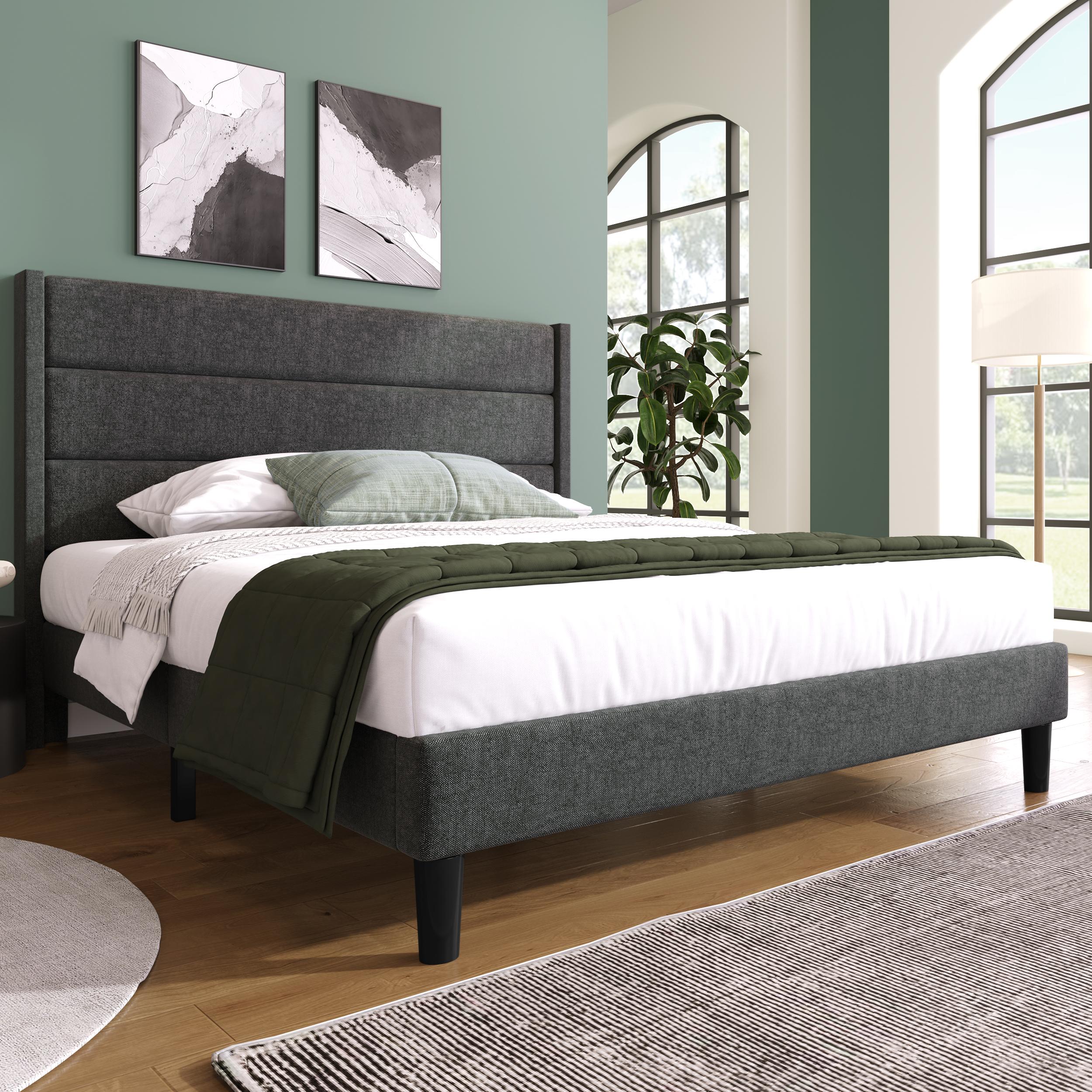 Cadre de lit 140x200 en tissu lin gris foncé avec structure robuste et tête de lit rembourrée douce au toucher