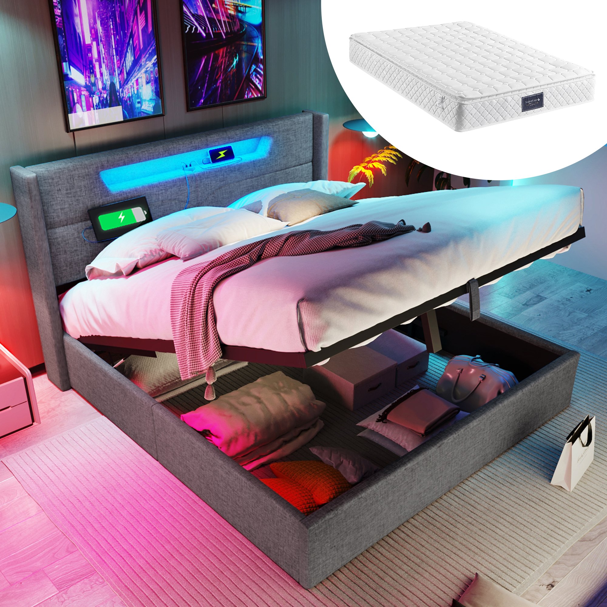 Lit double rembourré 140x200 avec sommier et matelas, coffre de rangement LED USB Type-C gris tissu lin