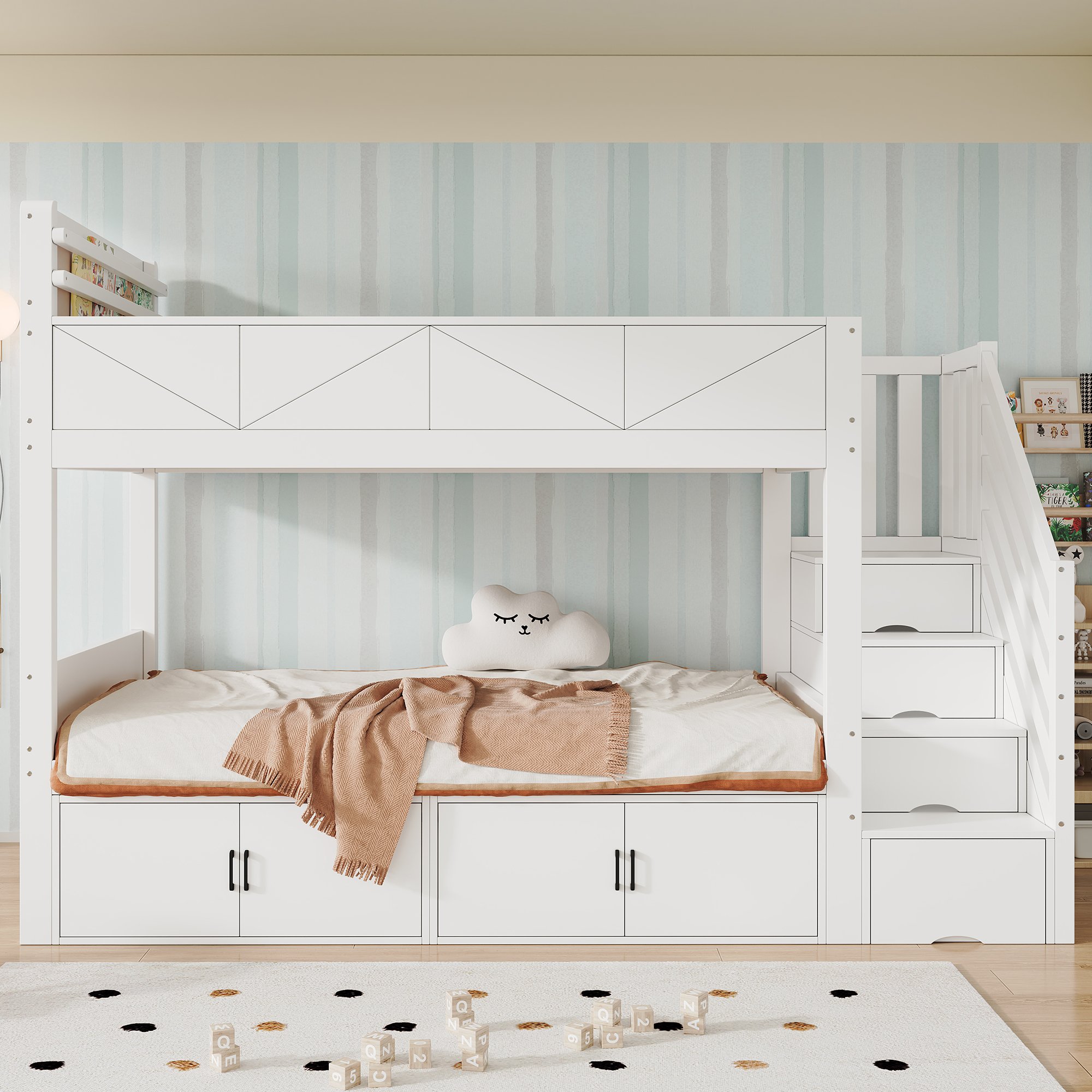 Lit superposé avec rangement intégré et échelle de stockage, couchage 90x200