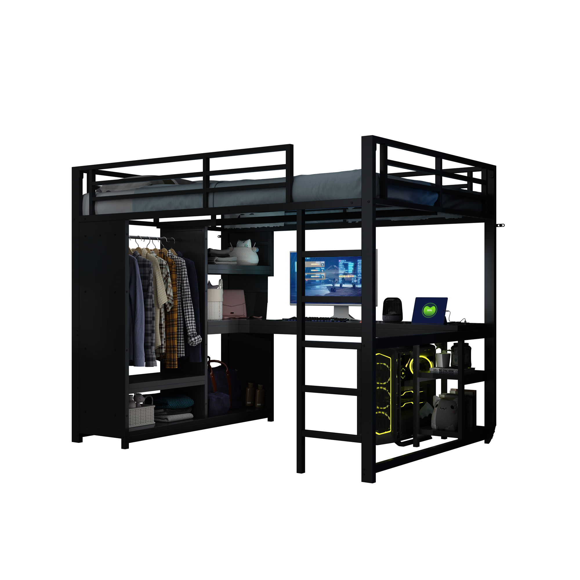 Lit mezzanine 140x200 avec bureau intégré, LED et rangements, idéal pour petit espace