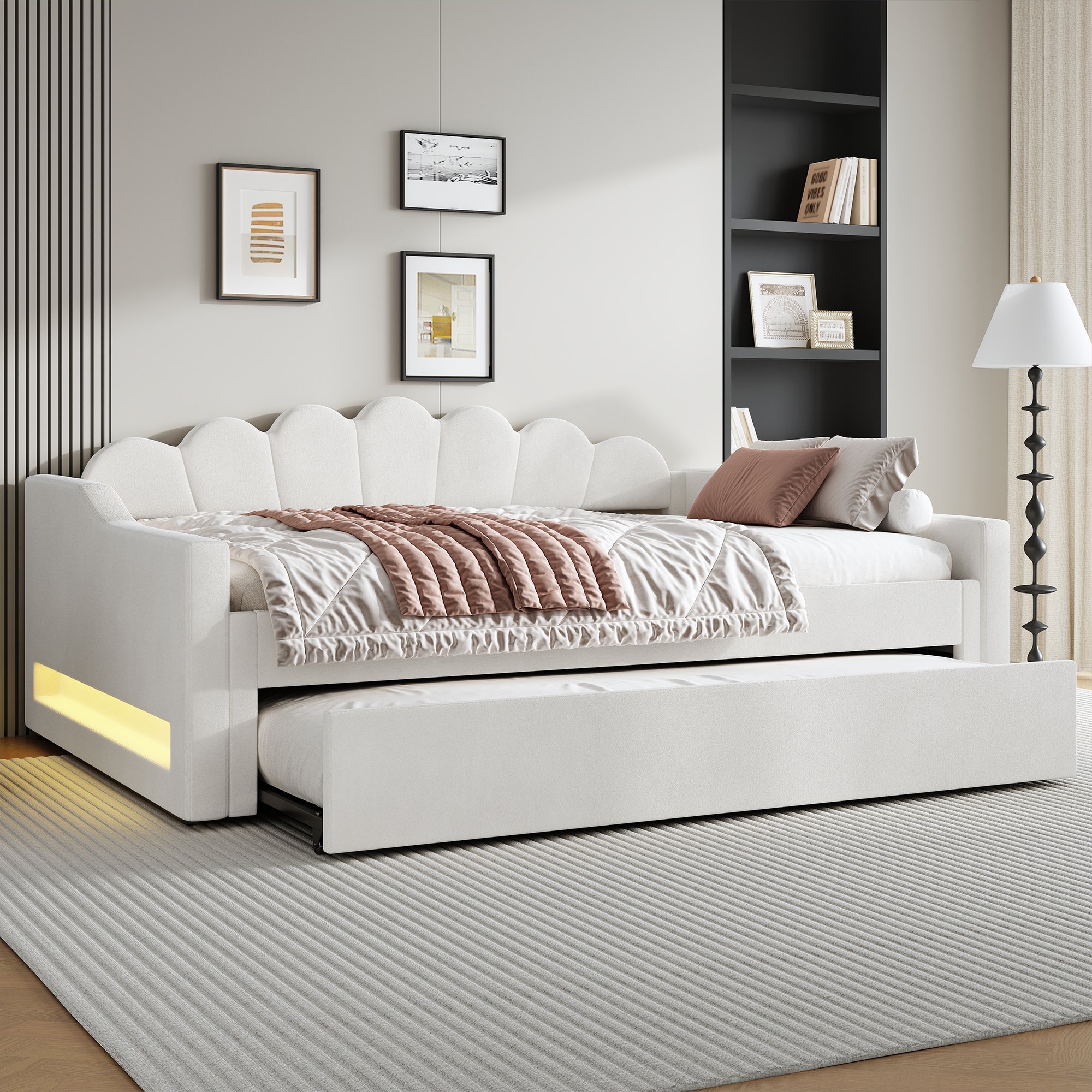 Lit gigogne 140x200 avec tiroir escamotable et LED intégrée, beige