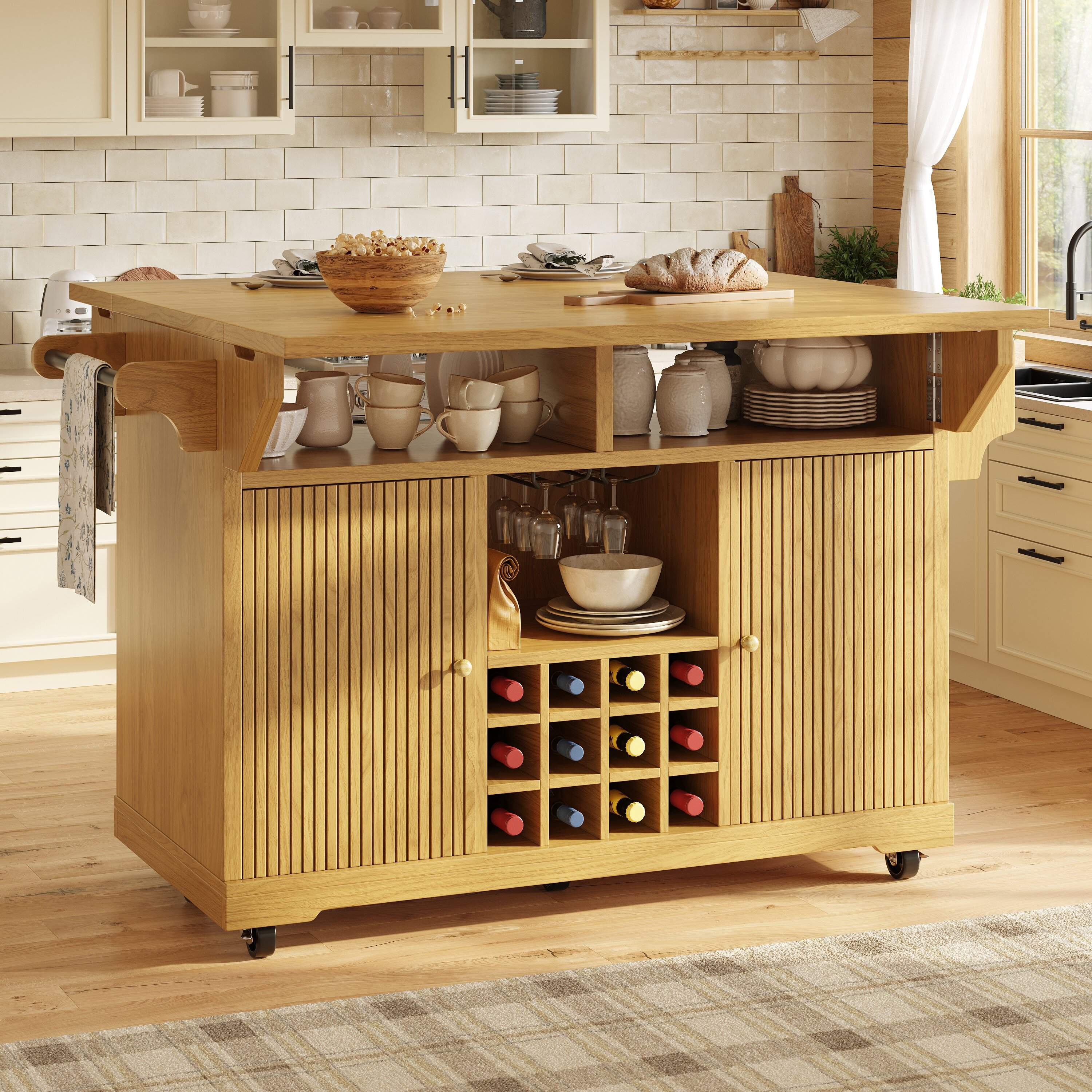 Îlot de cuisine 142,5x80x95 cm avec rangement, étagères réglables, porte-bouteilles et plan de travail extensible, sur roulettes