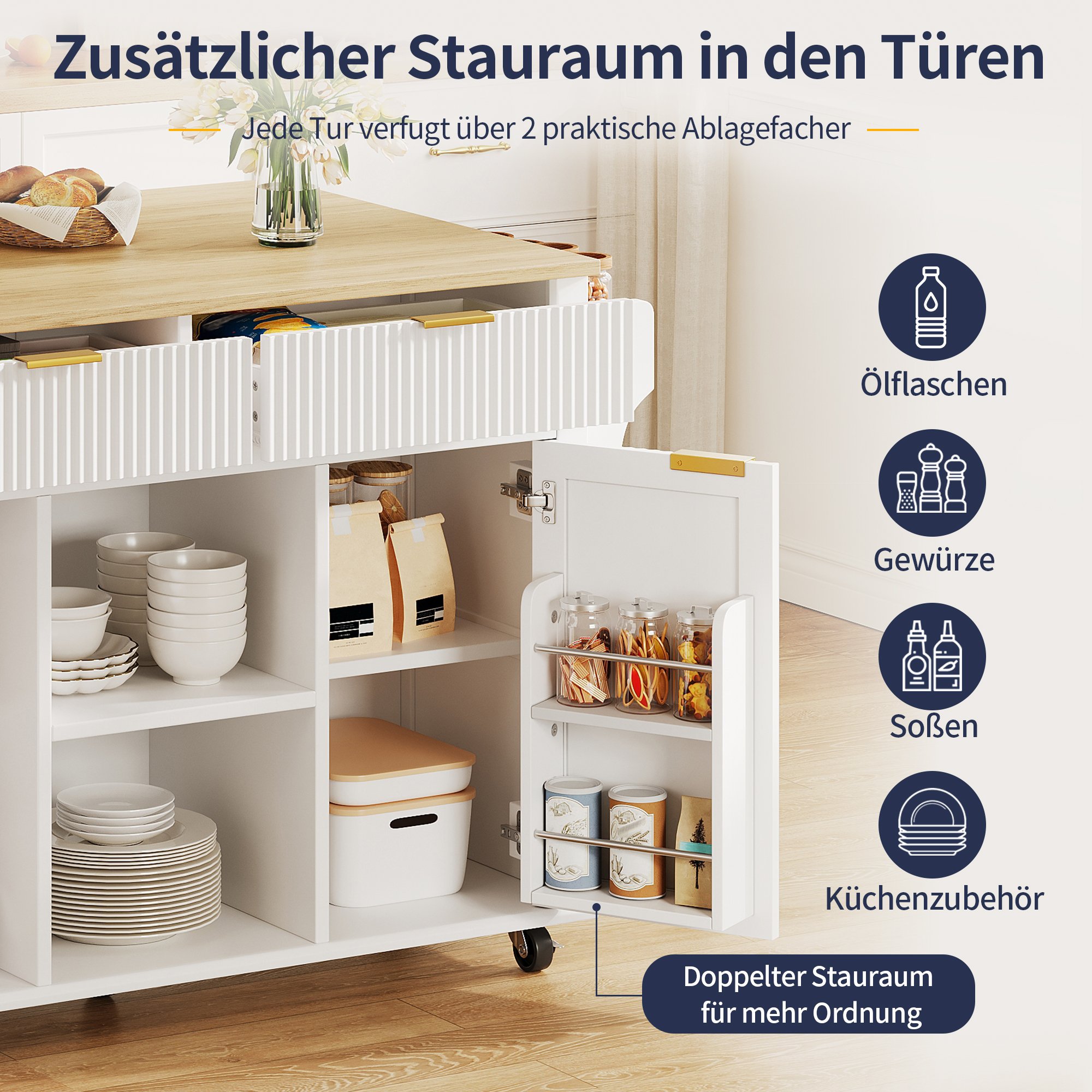 Îlot de cuisine sur roulettes 120x45 cm blanc avec plan de travail rabattable, rangements, étagères à épices et porte-serviettes