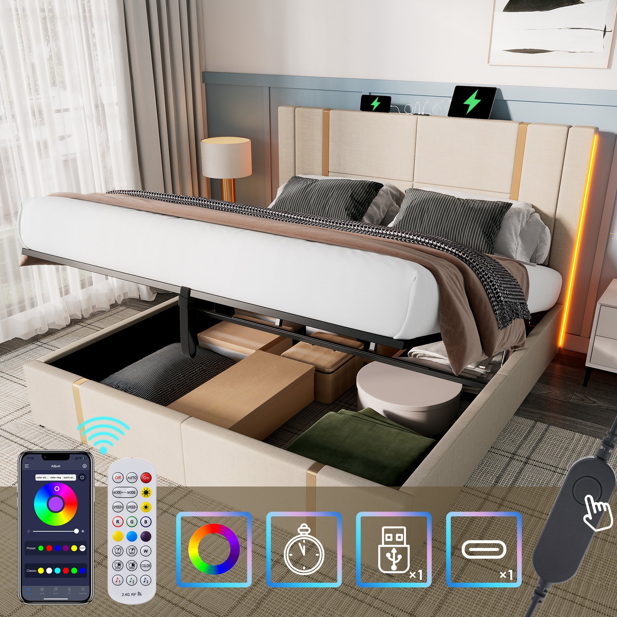 Lit double rembourré 140x200 avec sommier à lattes et matelas, LED RGB, USB Type-C, rangement hydraulique beige en lin