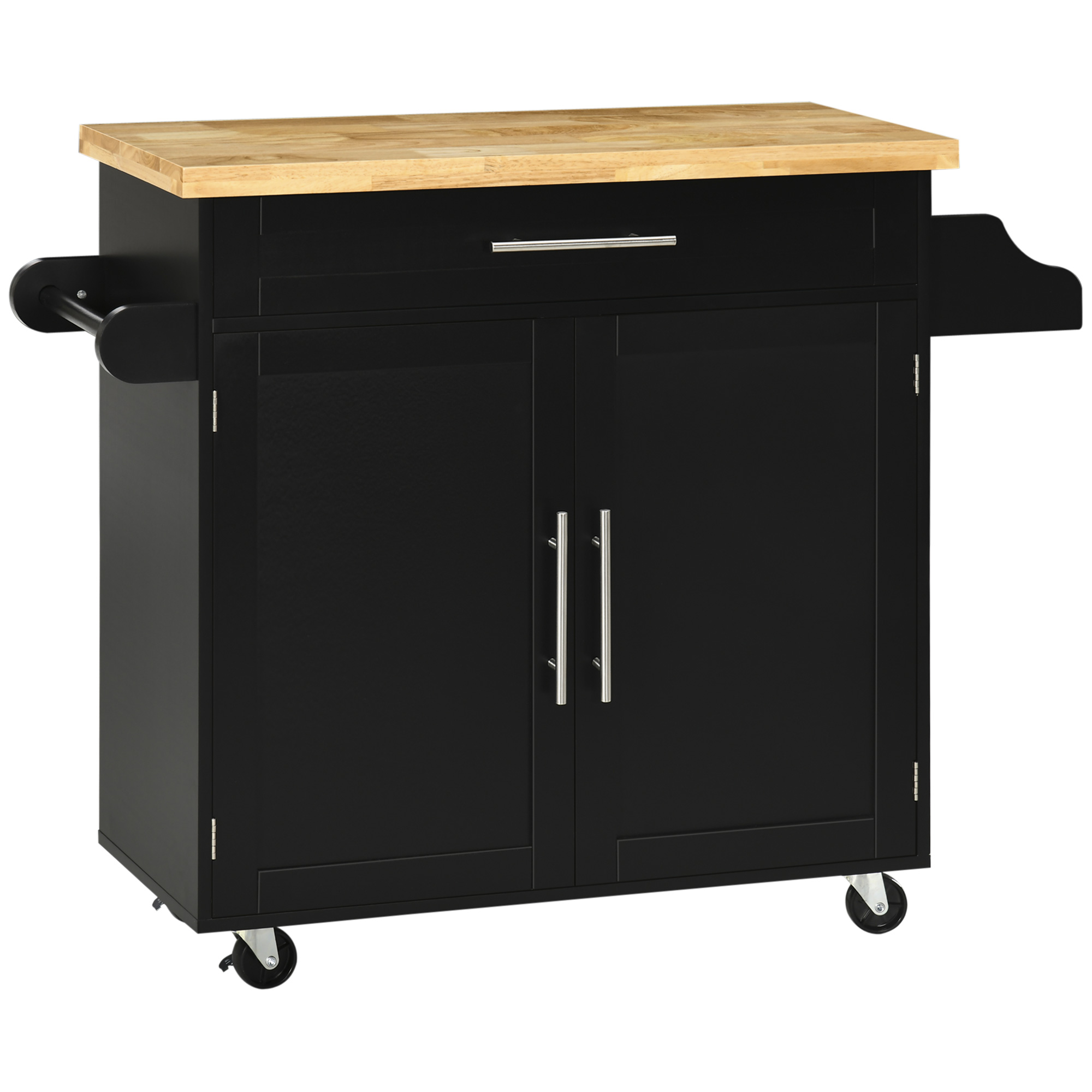 Îlot de cuisine sur roulettes avec rangement, plan de travail, étagère réglable et porte-serviettes, noir 109x40x89 cm