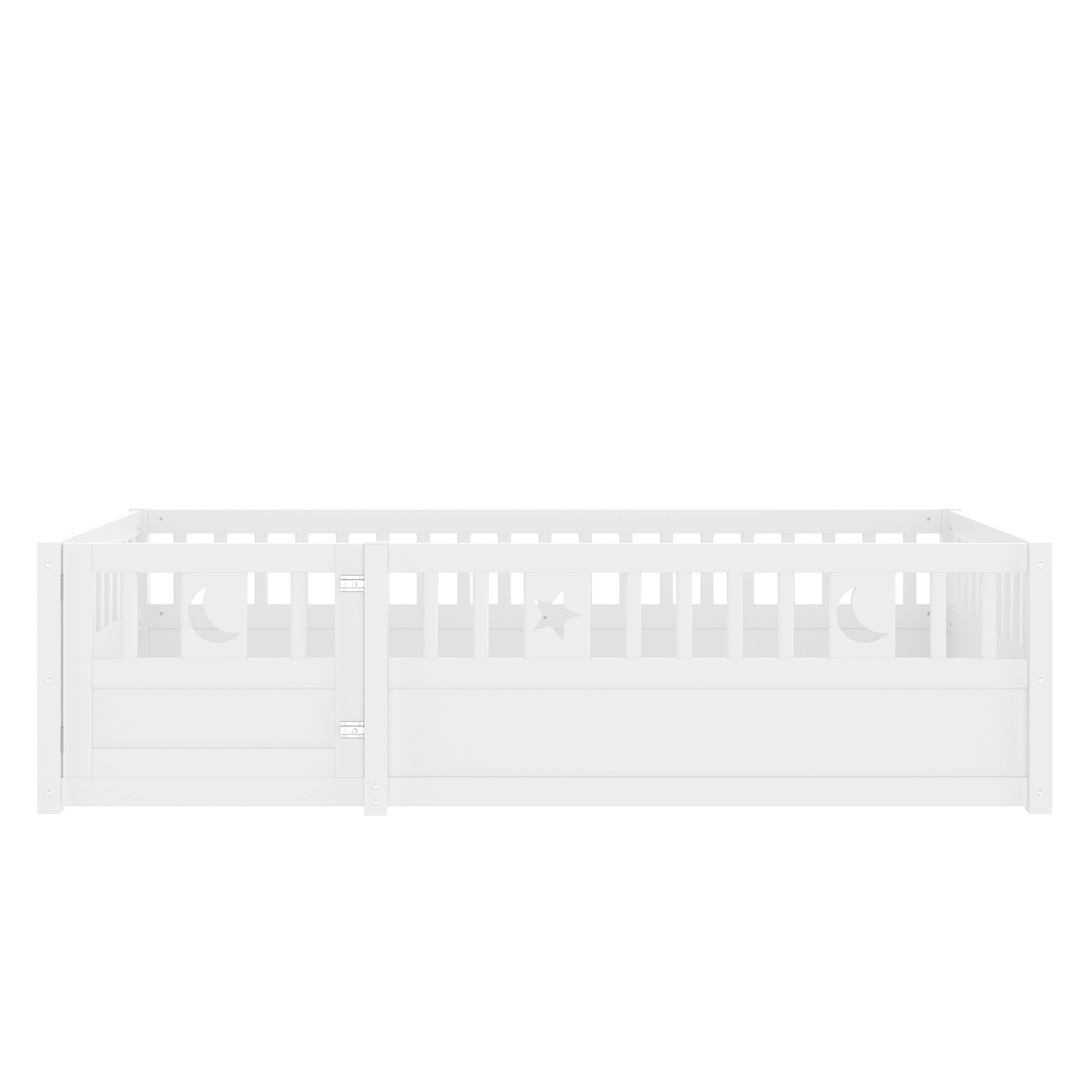 Lit enfant 90x190 avec barrière de sécurité, décoration étoile et lune, en pin massif, blanc, sans sommier ni matelas