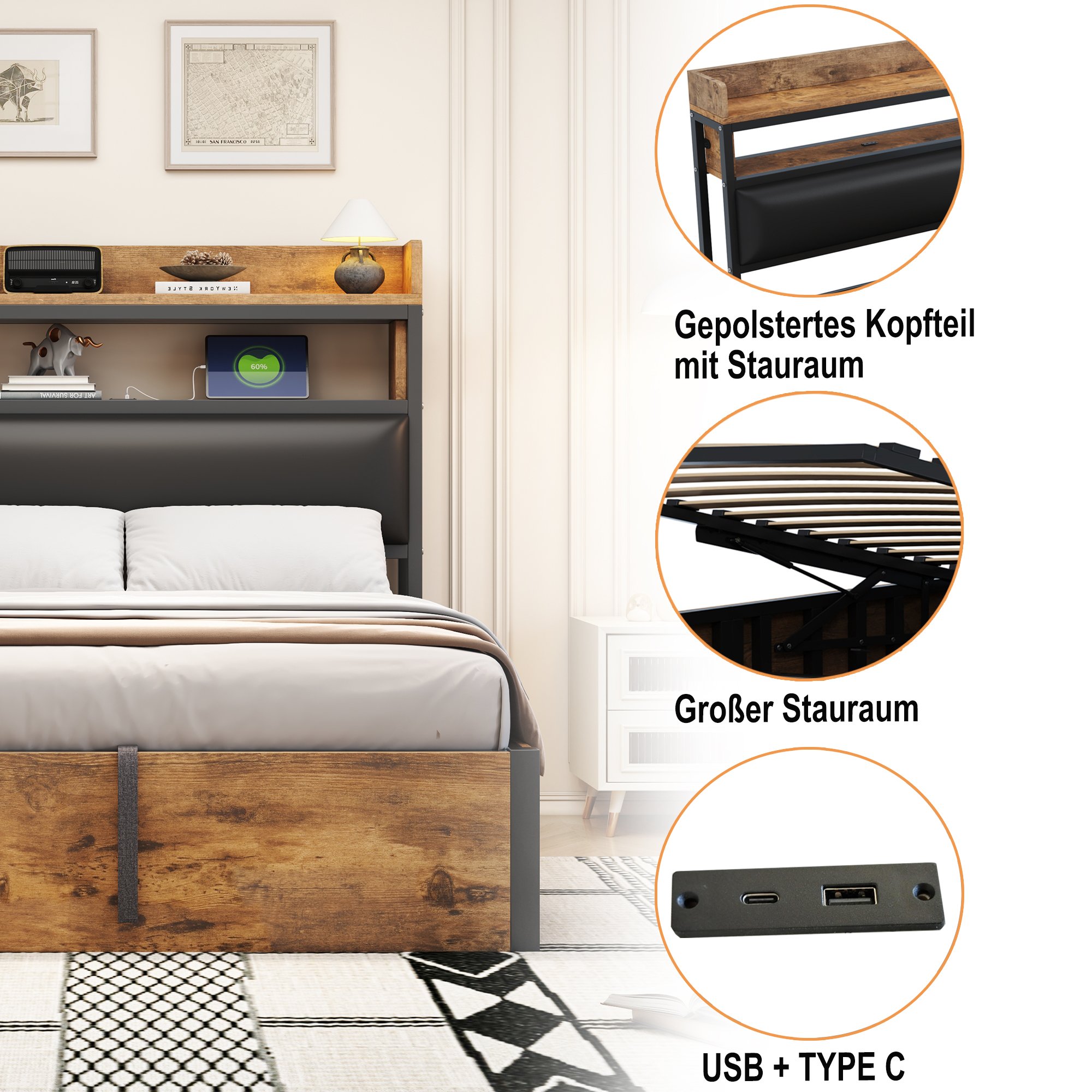 Lit coffre 180x200 en bois et métal vintage avec rangement hydraulique, tête de lit rembourrée et ports USB