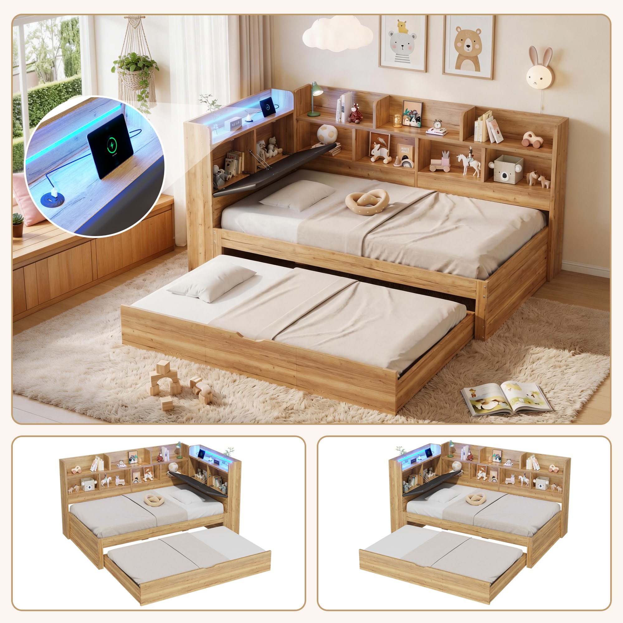 Lit gigogne avec rangement 90x200 Panneau composite de fibres de bois à densité naturel, LED contrôlée par appli, ports USB/C et sommier à lattes pour deux enfants