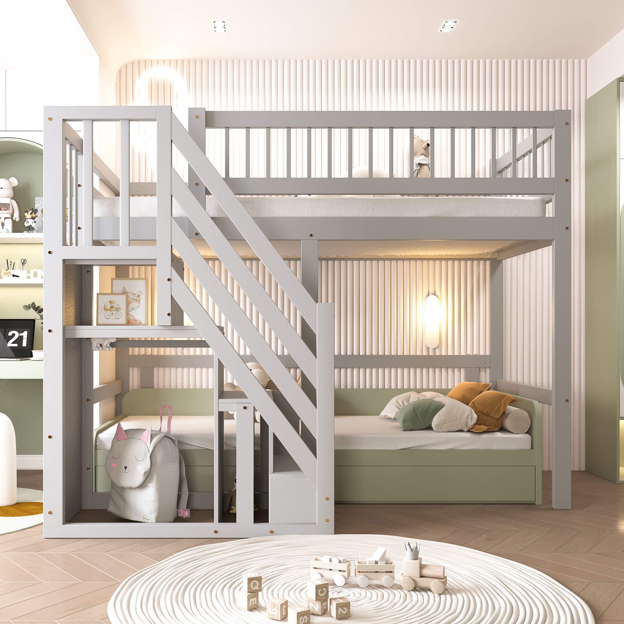 Lit enfant 90x200 en bois massif gris avec échelle et rangement